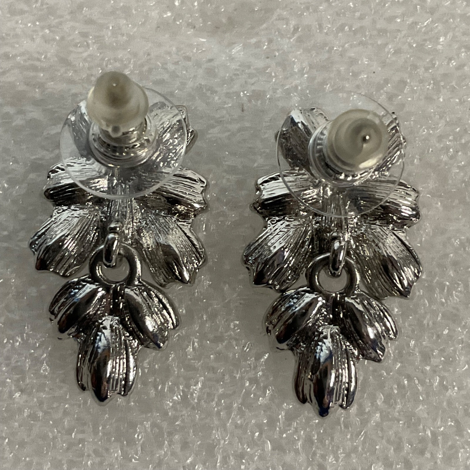 Silver Tone Clear Rhinestone Floral Dangle Post Earrings 1.25in - Image 2