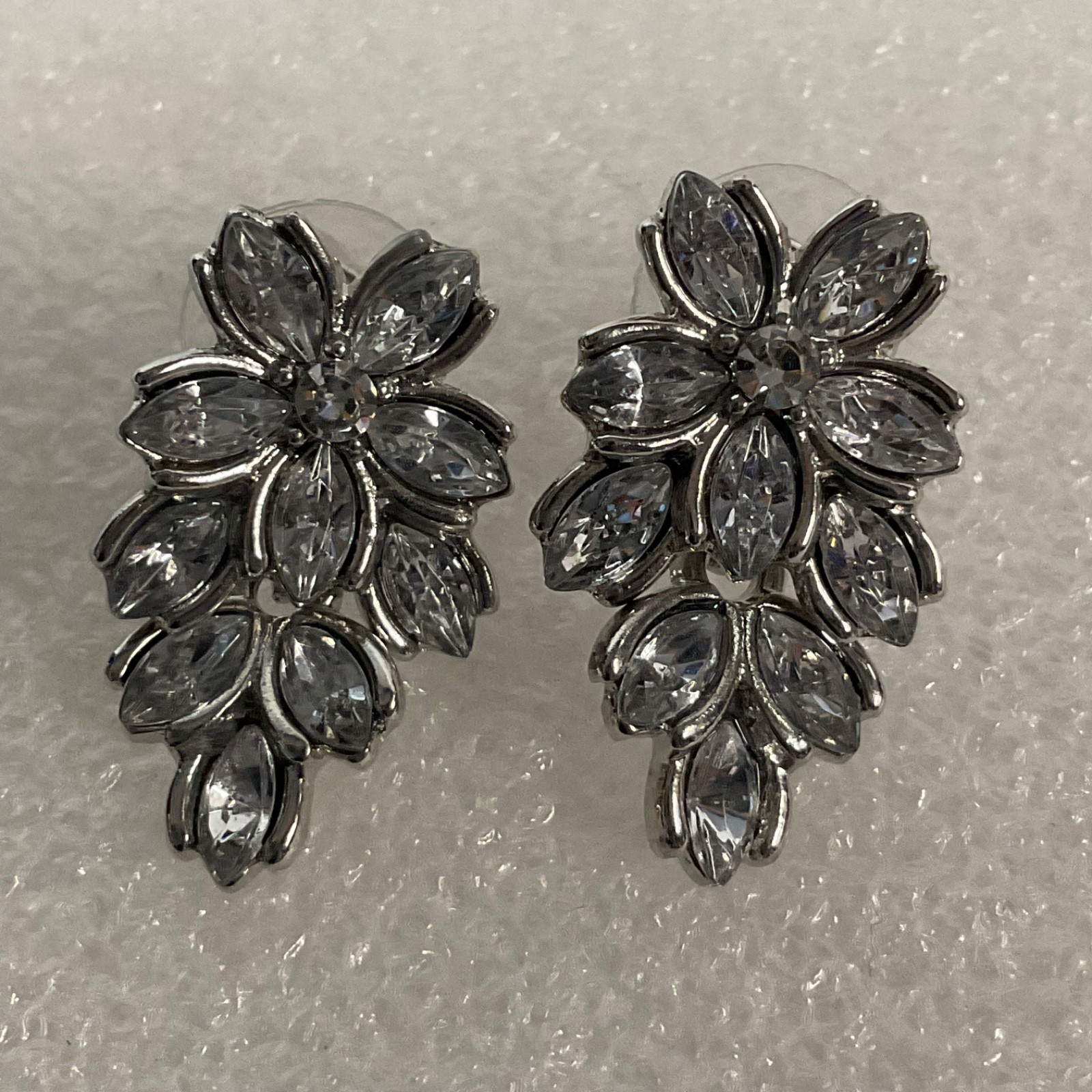 Silver Tone Clear Rhinestone Floral Dangle Post Earrings 1.25in - Image 1