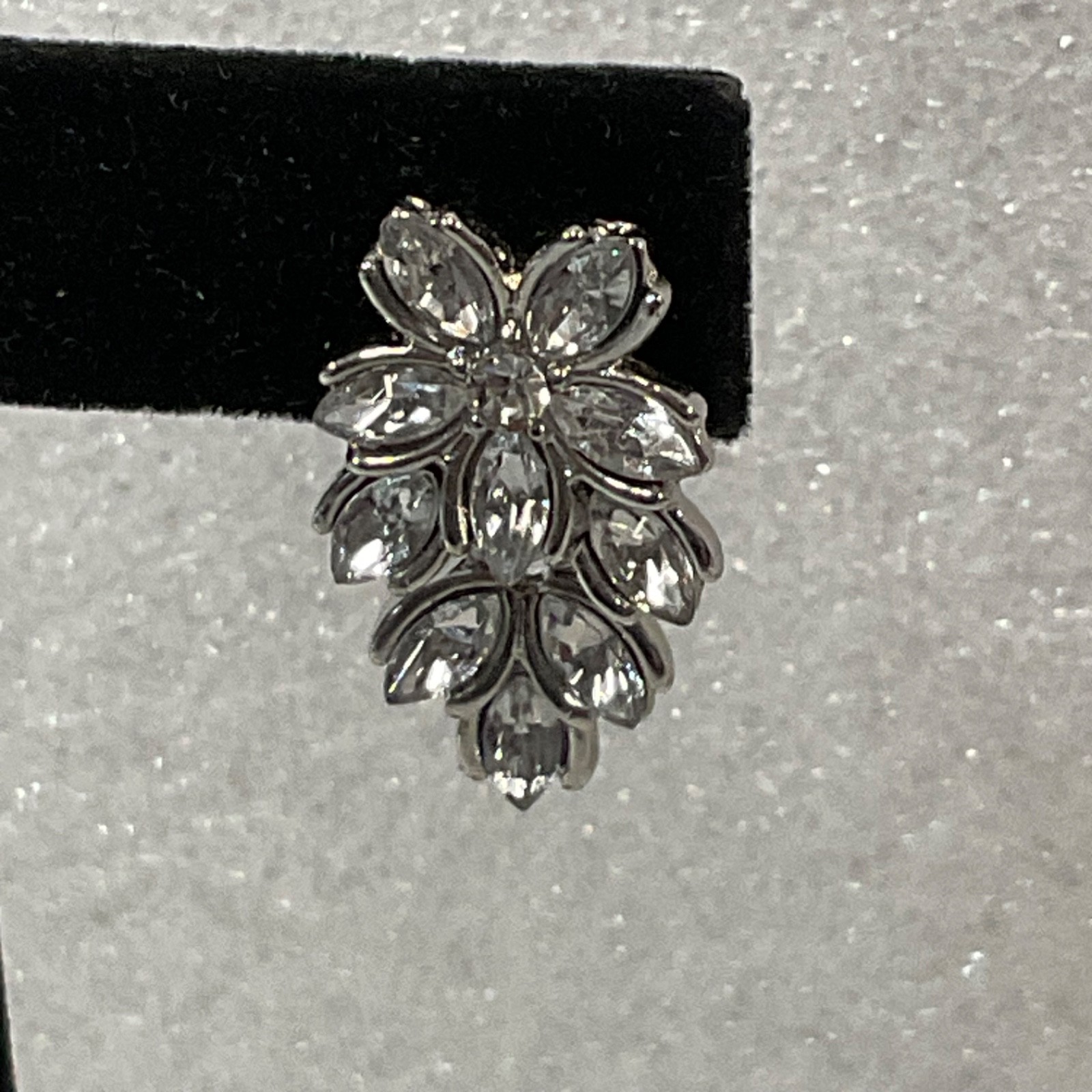 Silver Tone Clear Rhinestone Floral Dangle Post Earrings 1.25in - Image 5