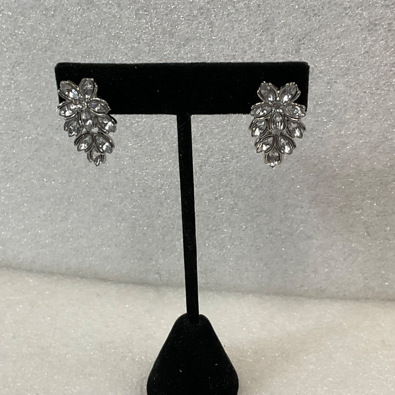 Silver Tone Clear Rhinestone Floral Dangle Post Earrings 1.25in - Image 3