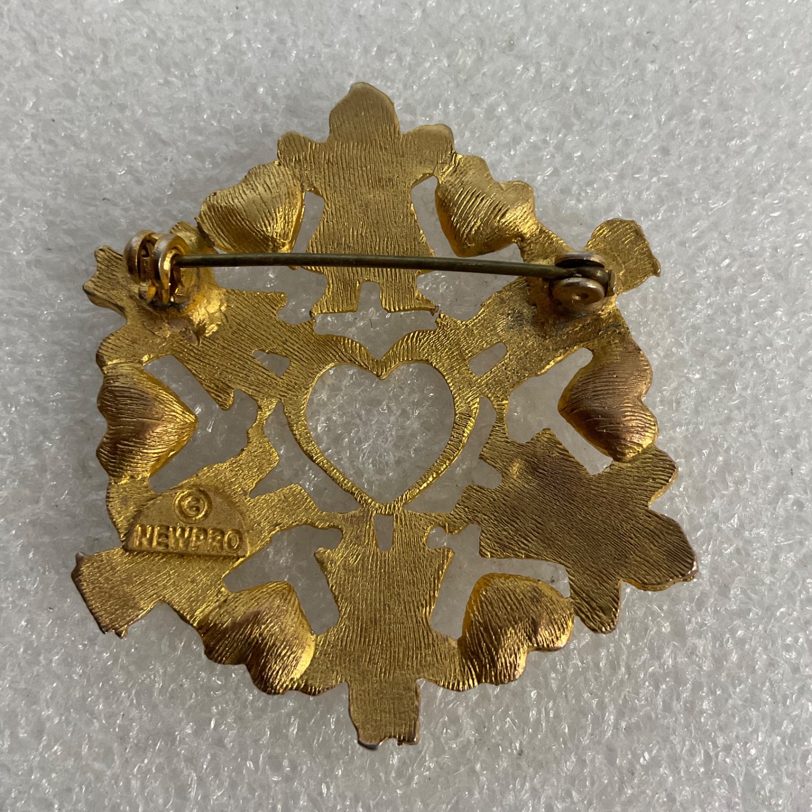 Newpro Gold Tone Children Circle Brooch 2in Heart Rhinestones - Image 2