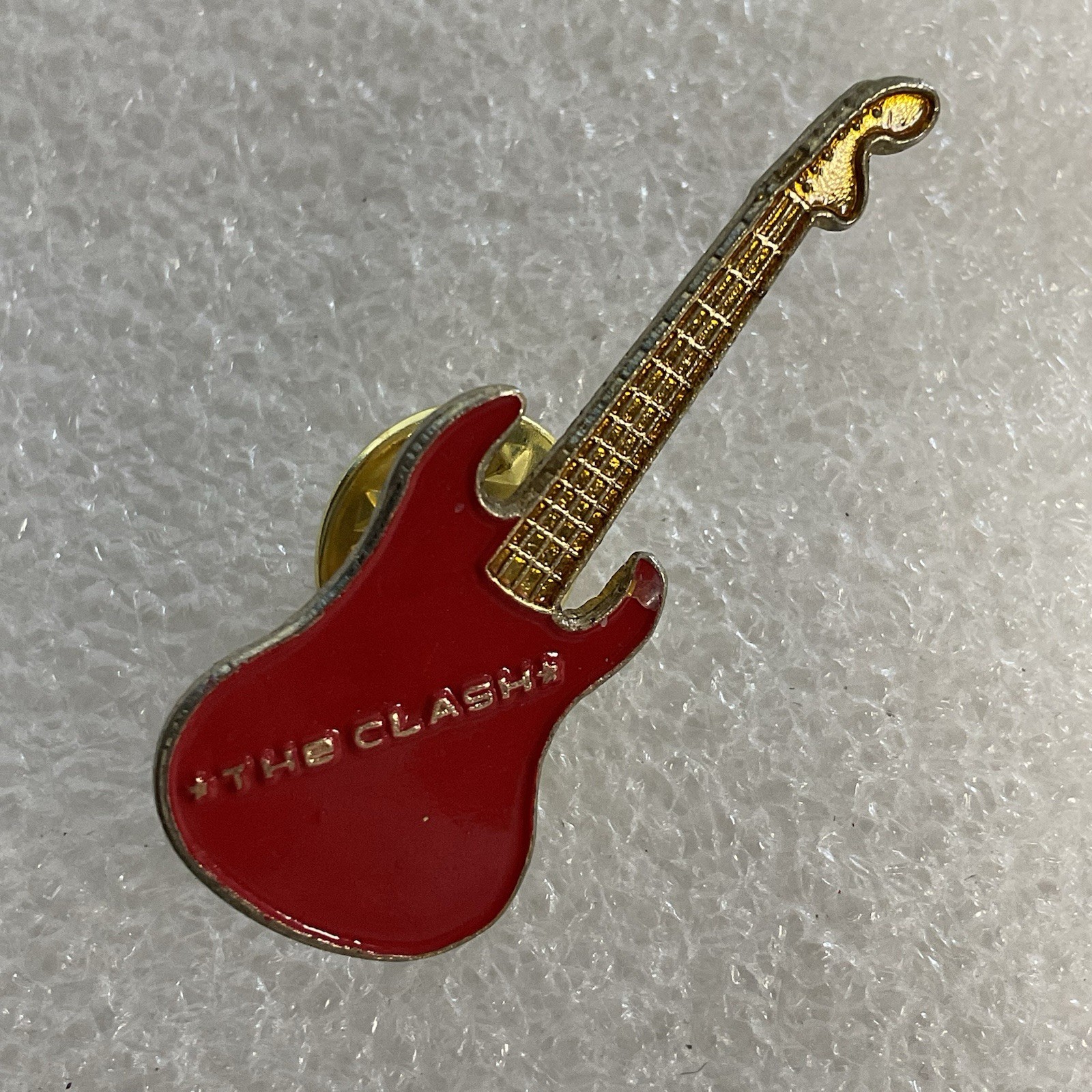 1980’s Vintage The Clash English Rock Band 1.5" Red & Gold Metal Guitar Pin - Image 6