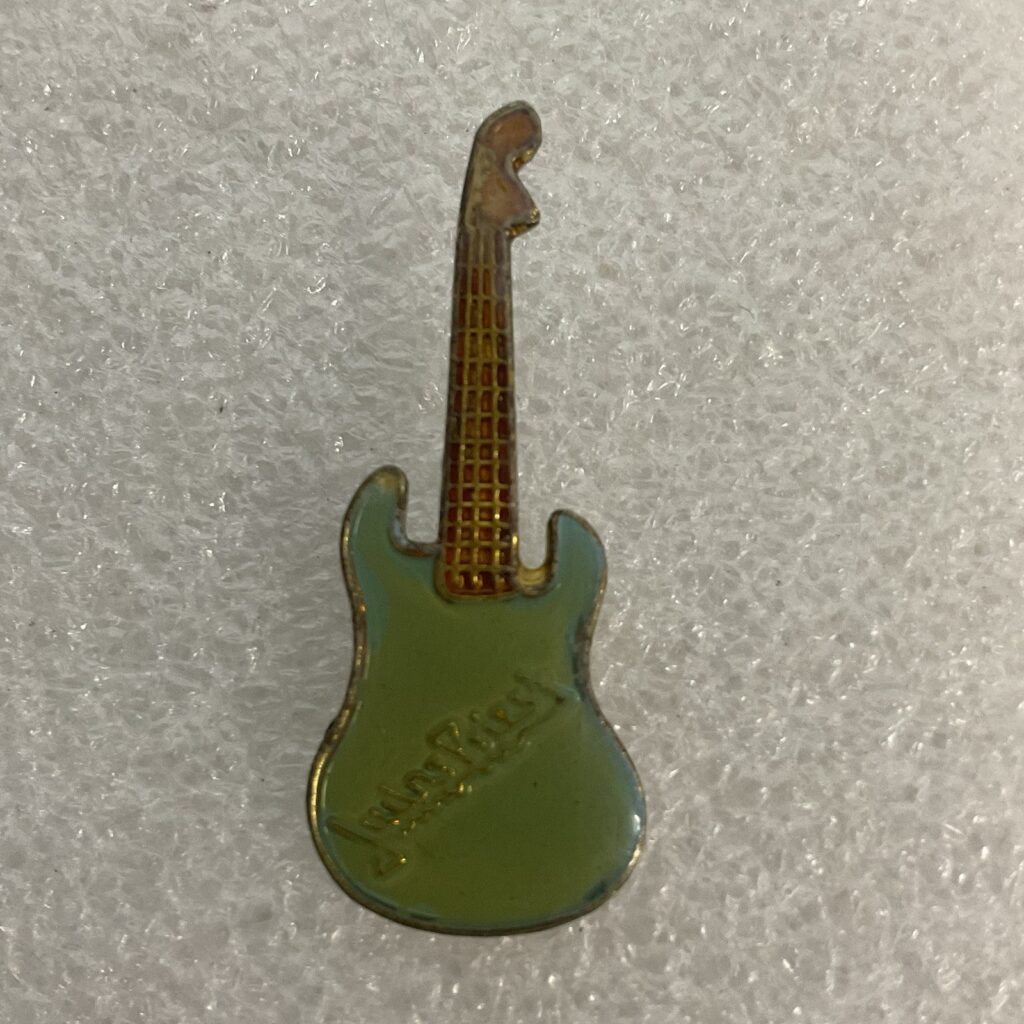 Judas Priest Teal & Gold Guitar Vintage Enamel Metal Pin Pinback GnuCollectibles - Image 1