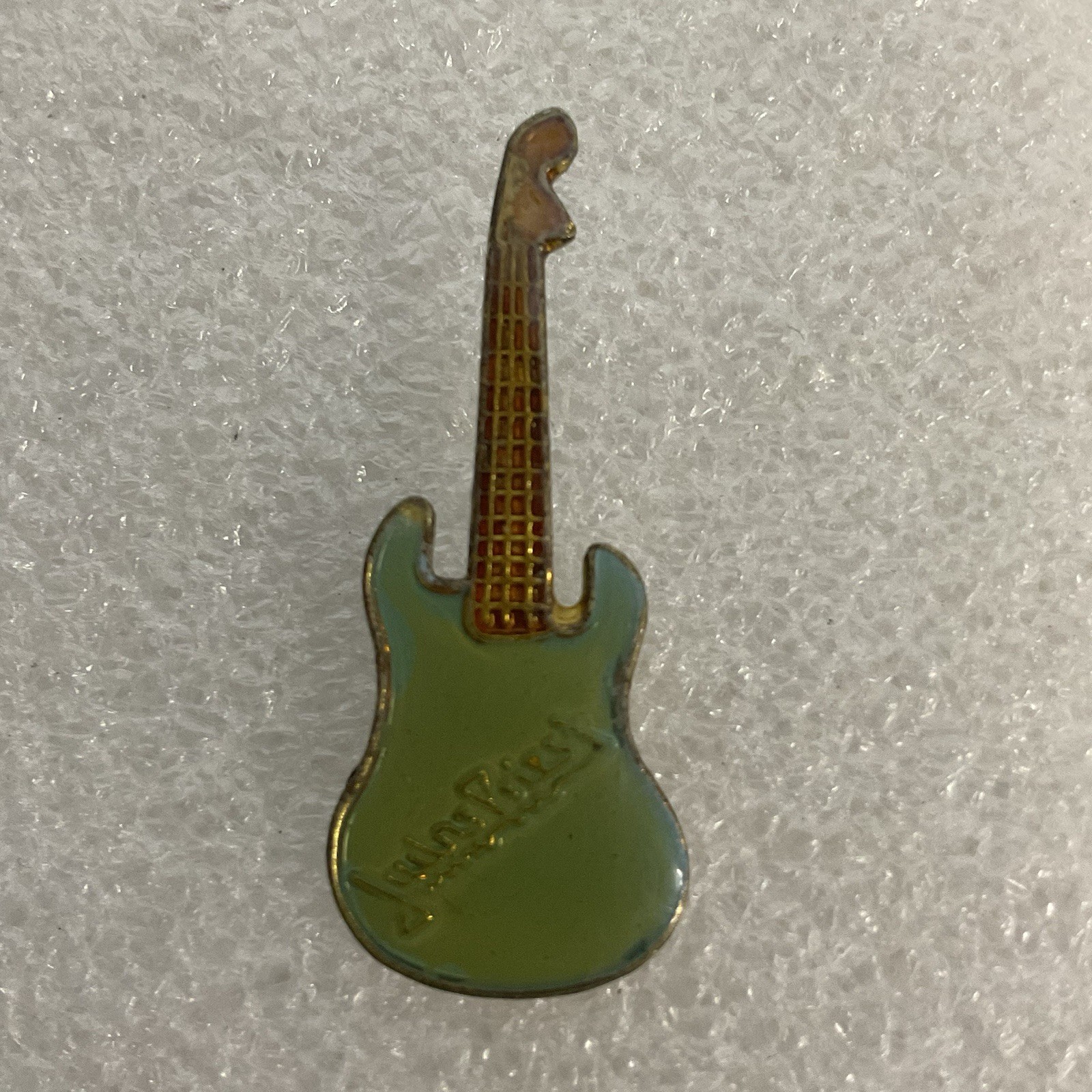 Judas Priest Teal & Gold Guitar Vintage Enamel Metal Pin Pinback GnuCollectibles - Image 1