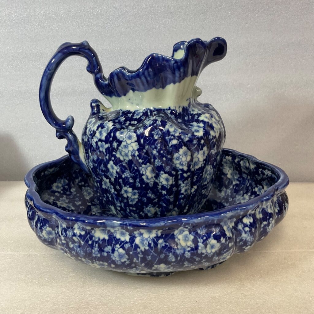 Blue White Ceramic Wash Basin Pitcher Set Floral Oval 16in Bowl - Image 1