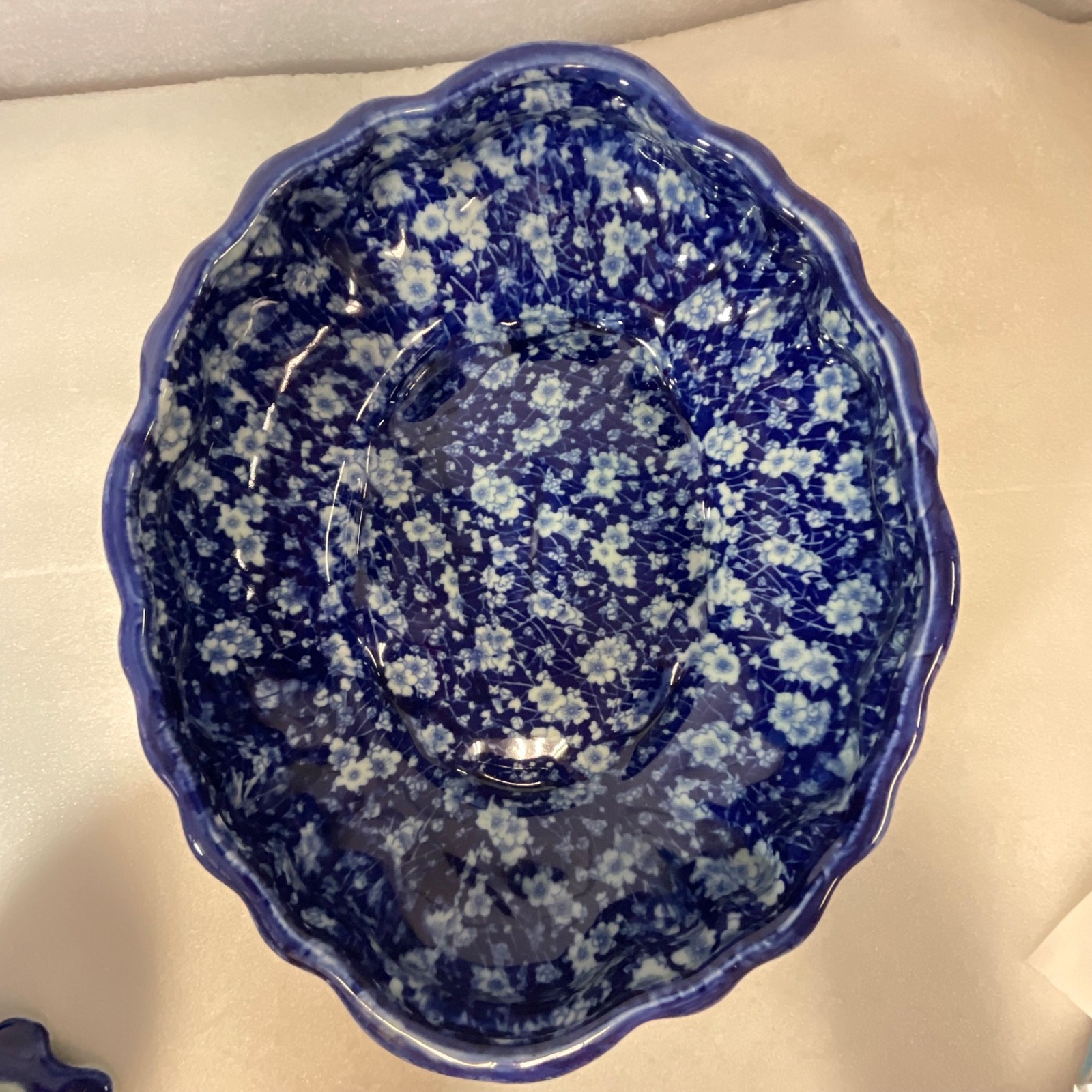 Blue White Ceramic Wash Basin Pitcher Set Floral Oval 16in Bowl - Image 2