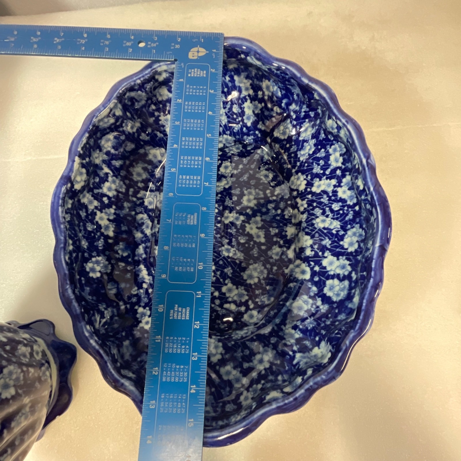 Blue White Ceramic Wash Basin Pitcher Set Floral Oval 16in Bowl - Image 6