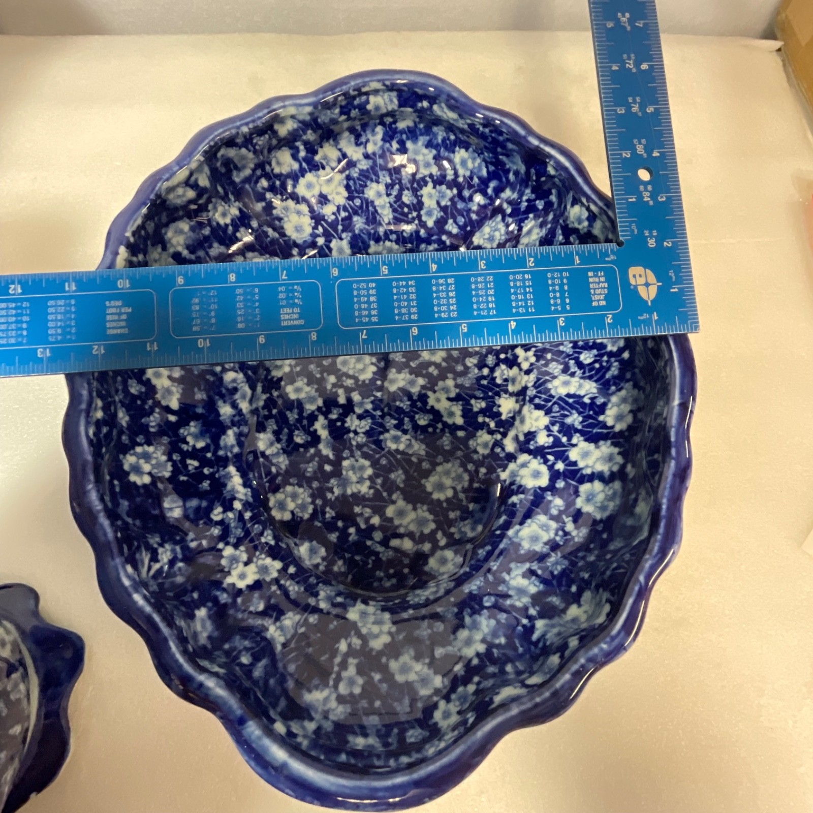 Blue White Ceramic Wash Basin Pitcher Set Floral Oval 16in Bowl - Image 7