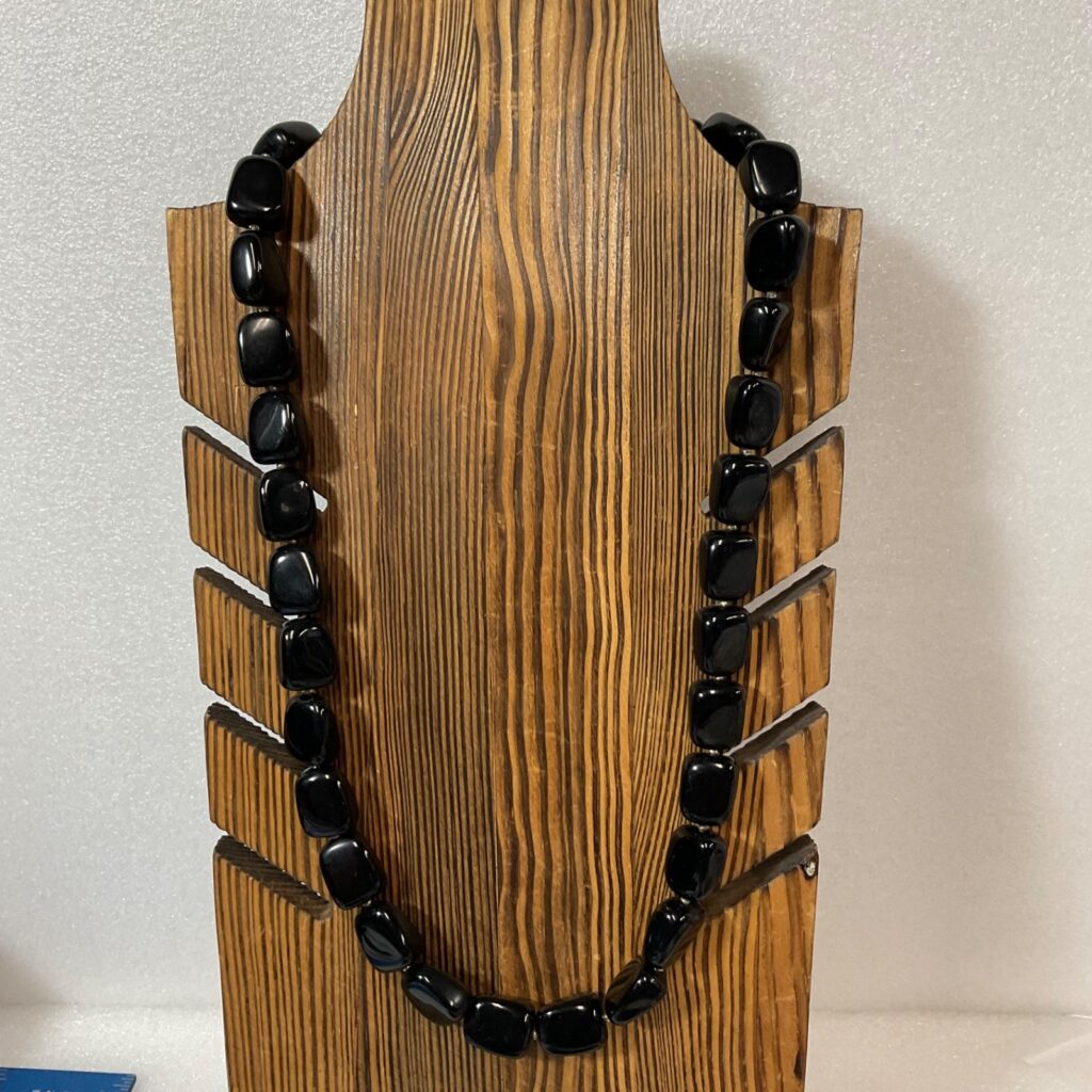 Vintage Black Onyx Style Beaded Necklace 22" Statement Jewelry w/ Key Charm - Image 1