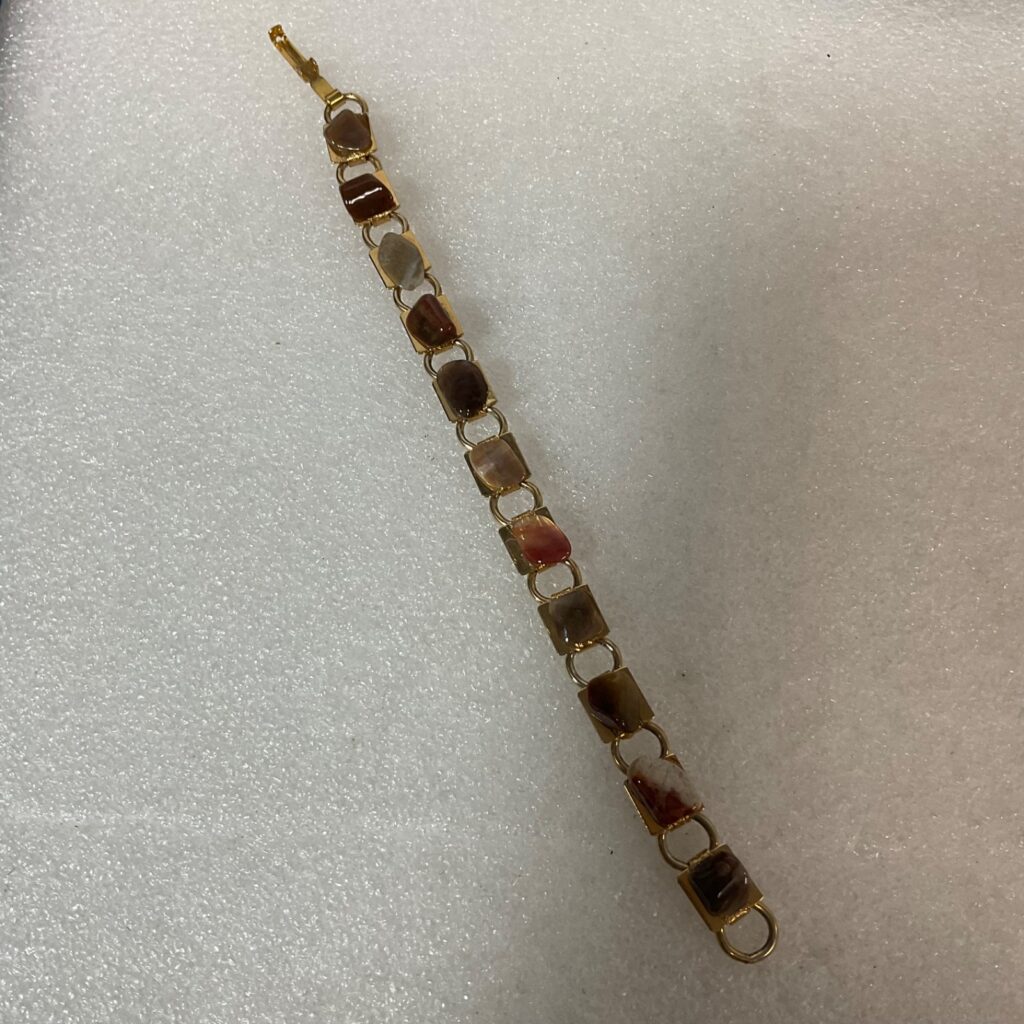 Vintage Gold Tone Bracelet 7" with Polished Agate Gemstone Links 15g Retro Jewel - Image 1