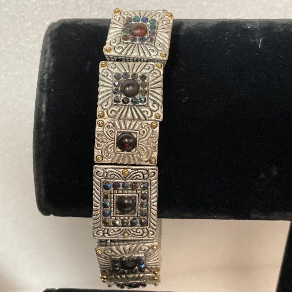 Vintage Style Boho Panel Bracelet Inlaid Stones Etched Metal 8” Adjustable - Image 1