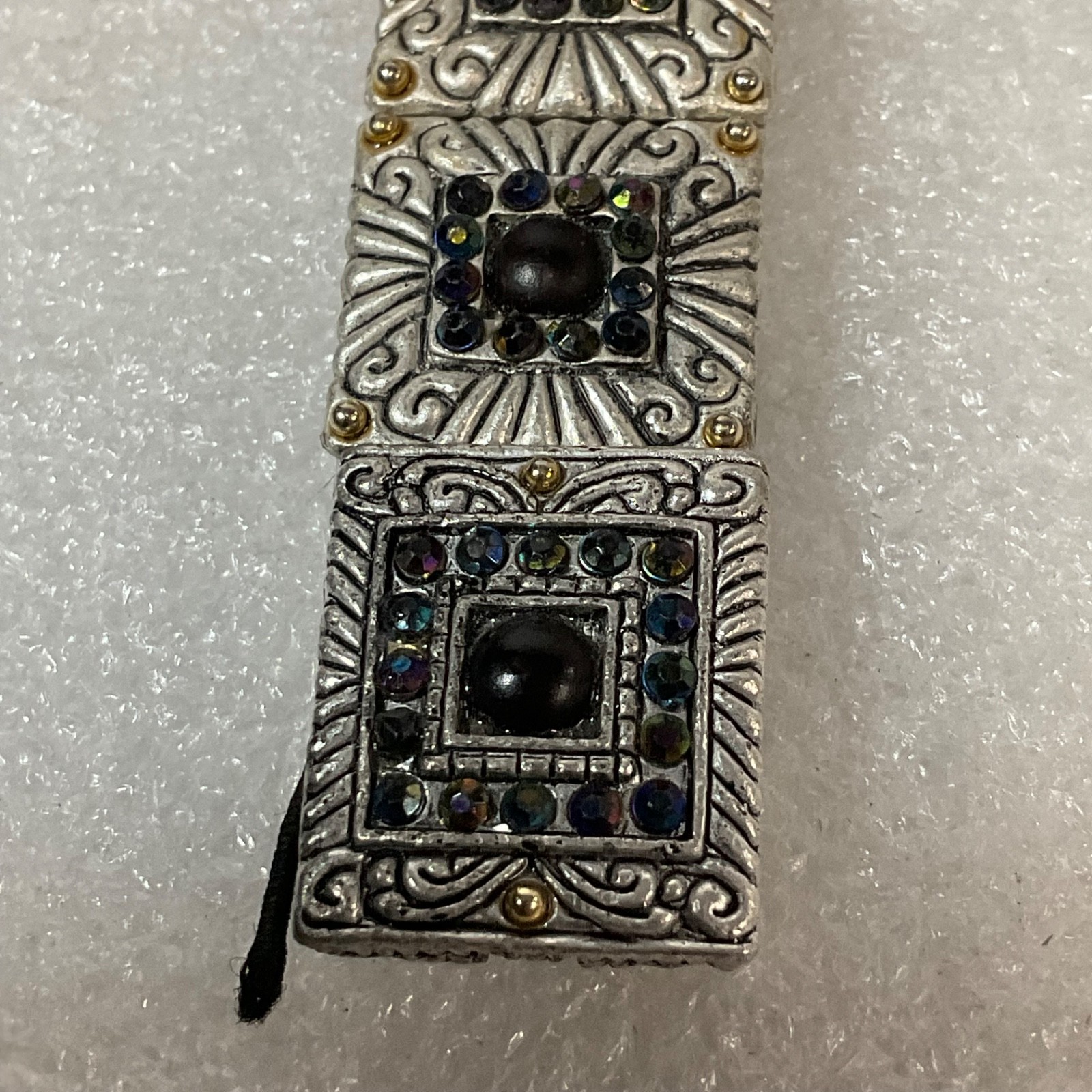 Vintage Style Boho Panel Bracelet Inlaid Stones Etched Metal 8” Adjustable - Image 4