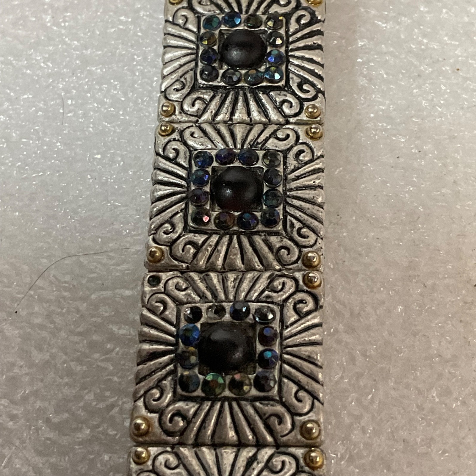 Vintage Style Boho Panel Bracelet Inlaid Stones Etched Metal 8” Adjustable - Image 6