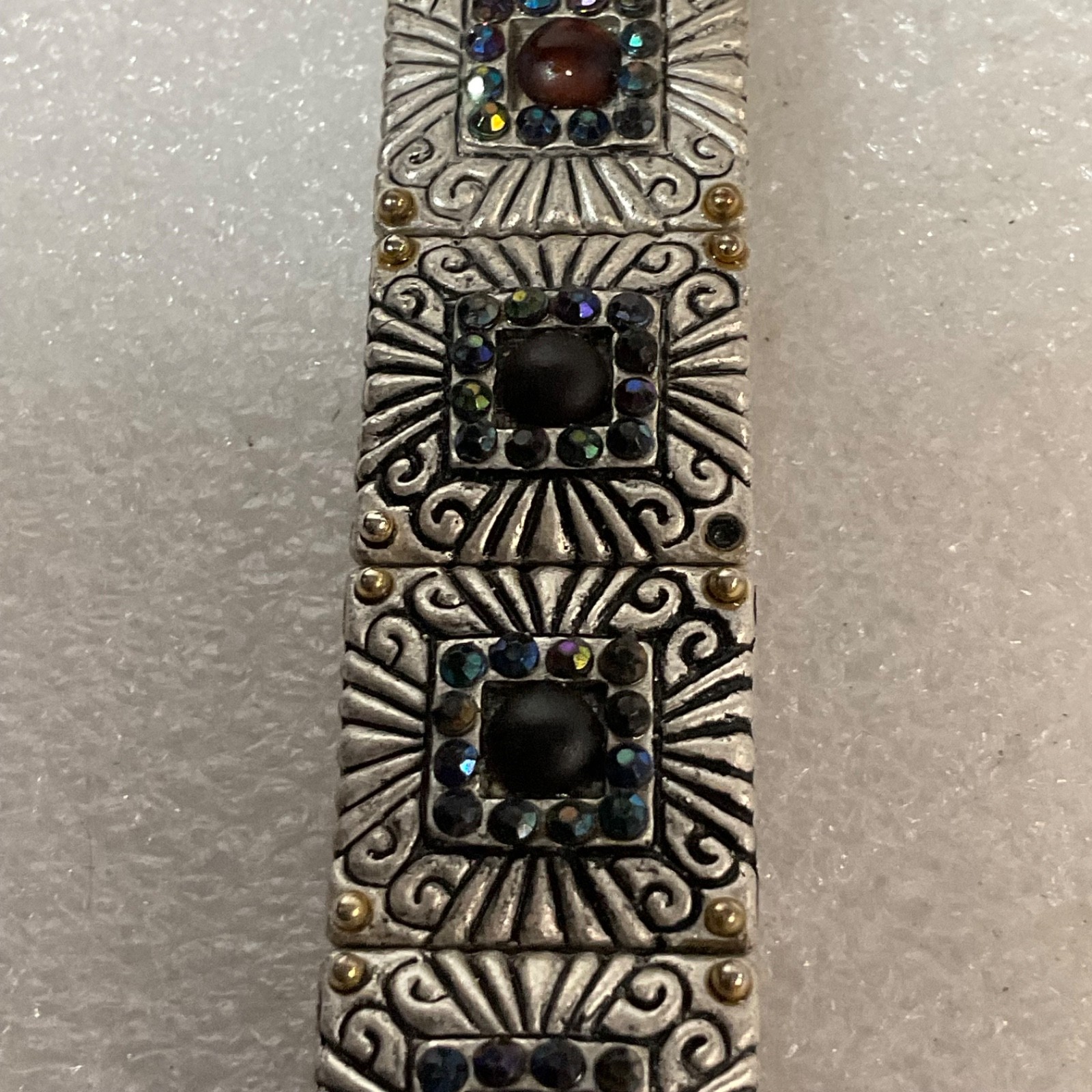 Vintage Style Boho Panel Bracelet Inlaid Stones Etched Metal 8” Adjustable - Image 7