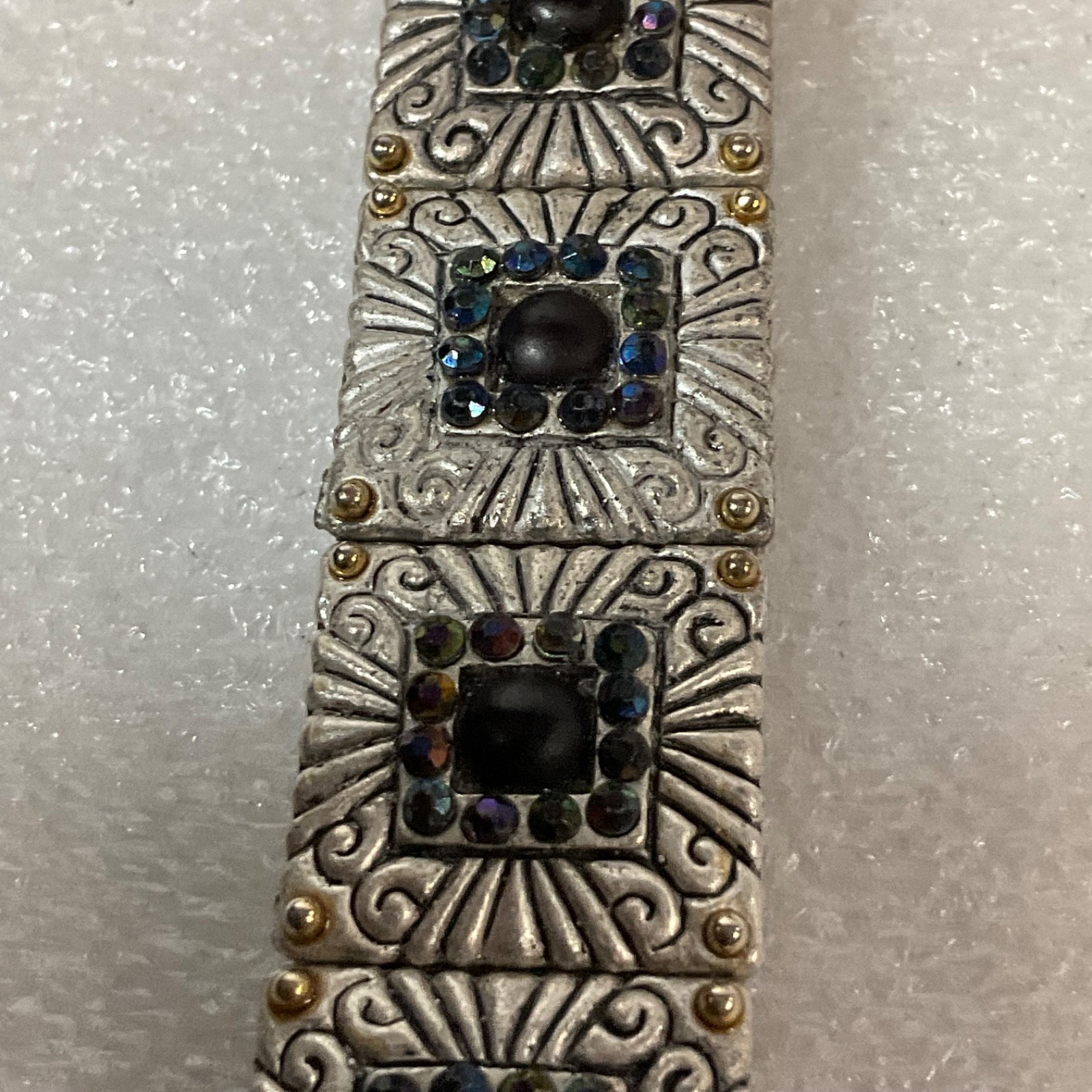 Vintage Style Boho Panel Bracelet Inlaid Stones Etched Metal 8” Adjustable - Image 5