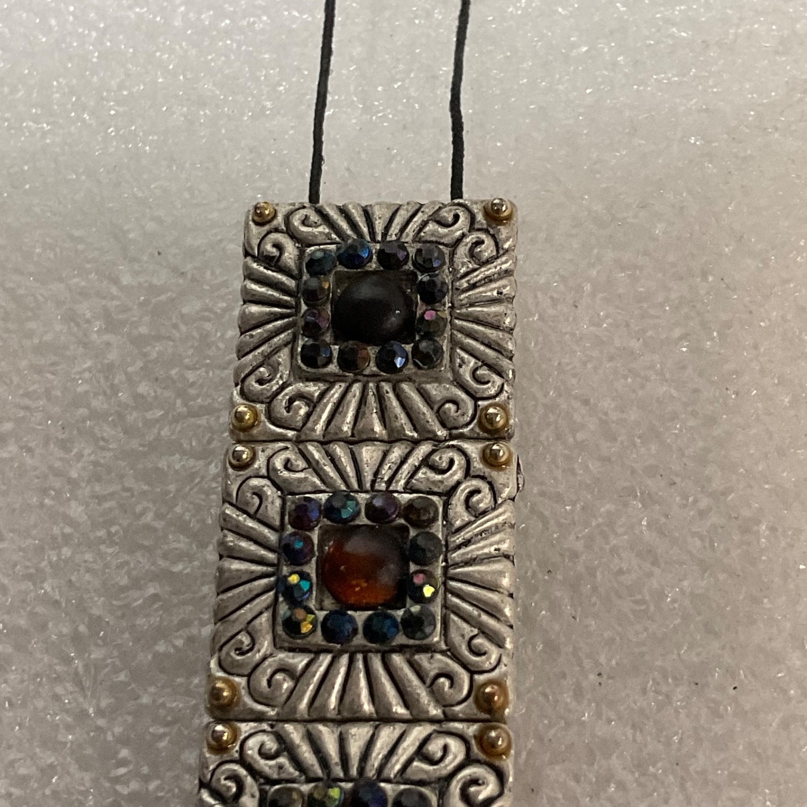 Vintage Style Boho Panel Bracelet Inlaid Stones Etched Metal 8” Adjustable - Image 8