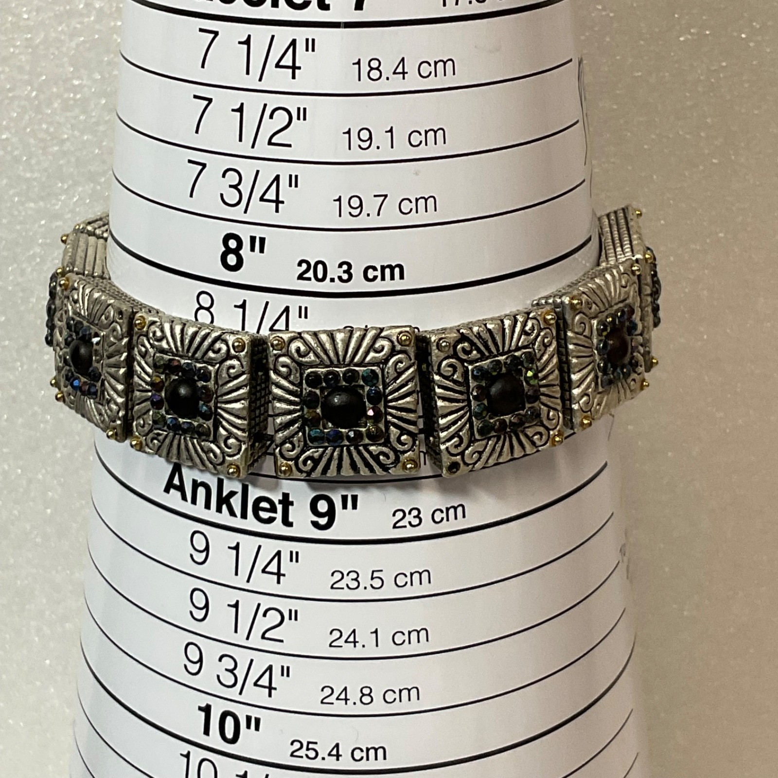Vintage Style Boho Panel Bracelet Inlaid Stones Etched Metal 8” Adjustable - Image 17
