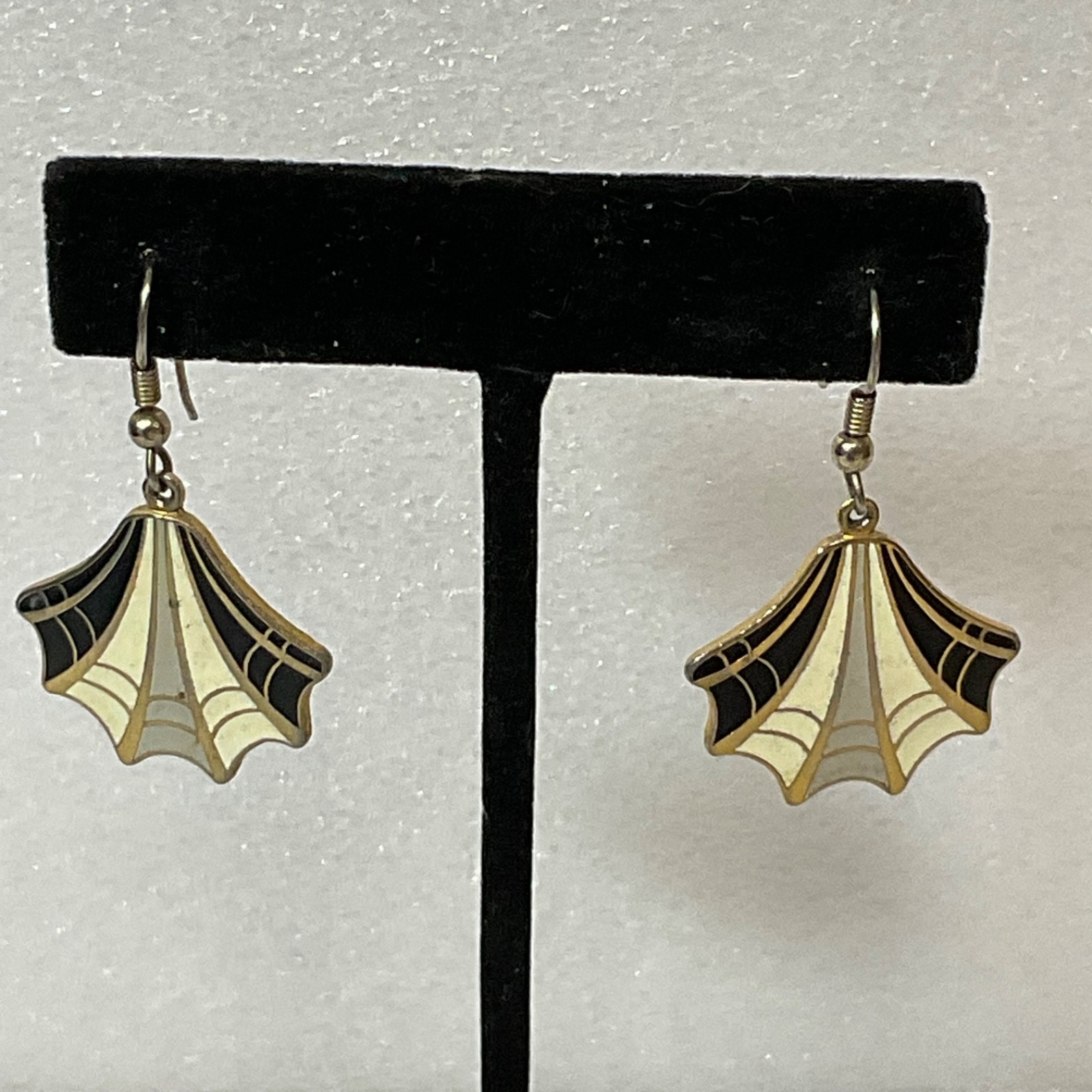 Vintage Web Gold Tone Cloisonné Earrings Black White Enamel Fan Shape Dangle - Image 1