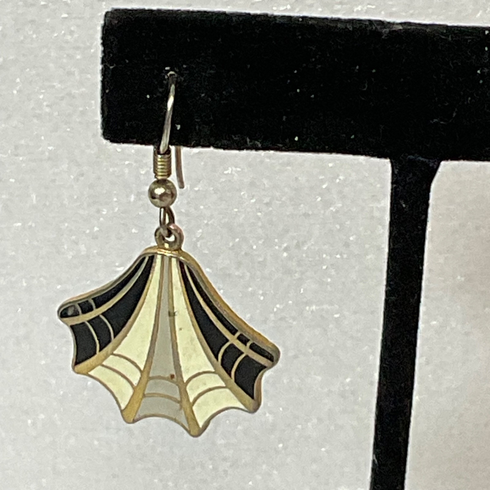 Vintage Web Gold Tone Cloisonné Earrings Black White Enamel Fan Shape Dangle - Image 3