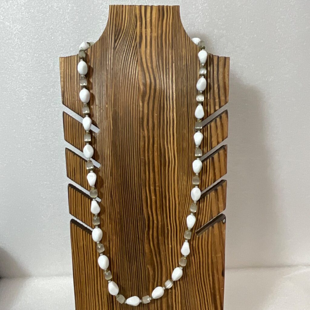 Vintage 26" White Glass Bead Necklace Faceted Lucite & Brass Spacers Handmade - Image 1