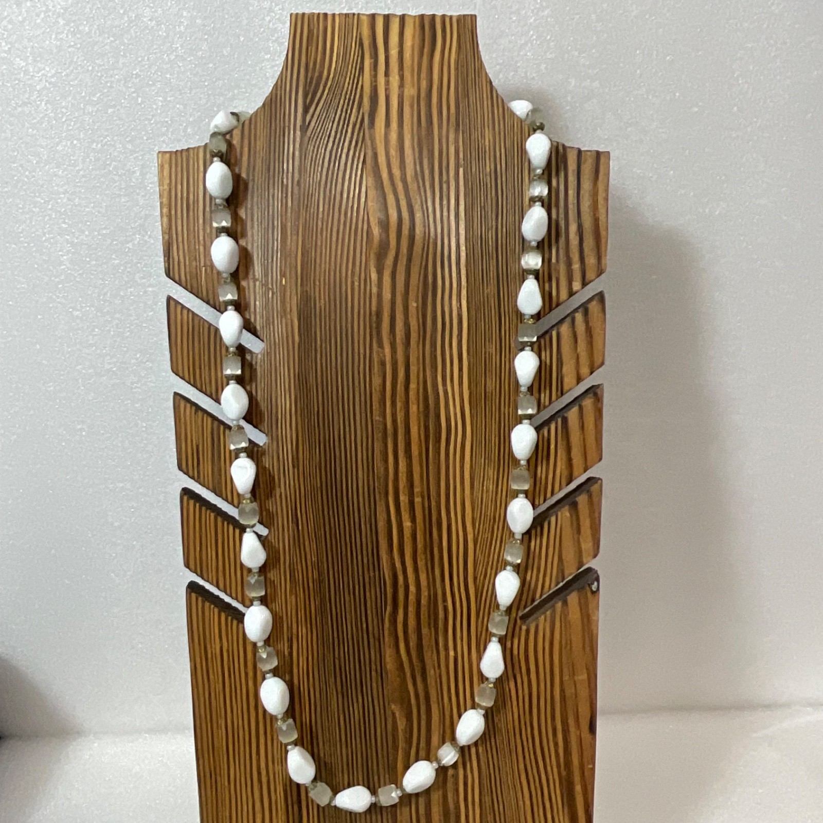 Vintage 26" White Glass Bead Necklace Faceted Lucite & Brass Spacers Handmade - Image 1