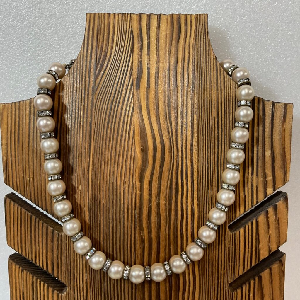 Vintage Faux Pearl Necklace 15" Rhinestone Spacer Beads Silver Tone Choker - Image 1