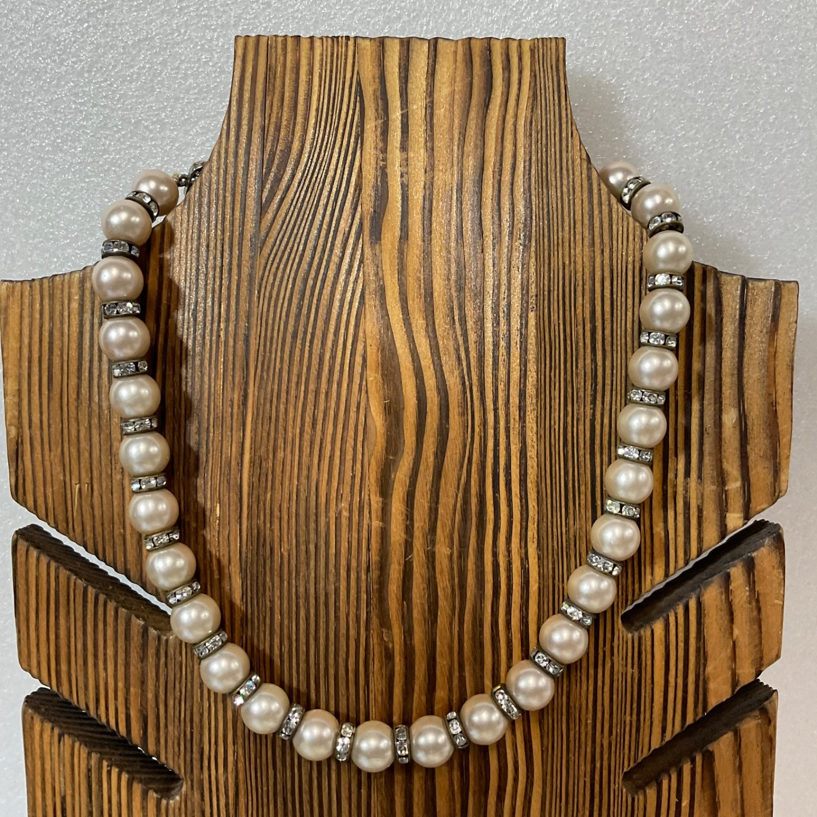 Vintage Faux Pearl Necklace 15" Rhinestone Spacer Beads Silver Tone Choker - Image 1