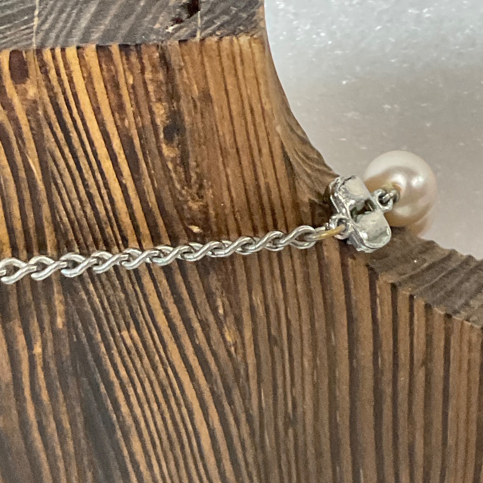 Vintage Faux Pearl Necklace 15" Rhinestone Spacer Beads Silver Tone Choker - Image 4