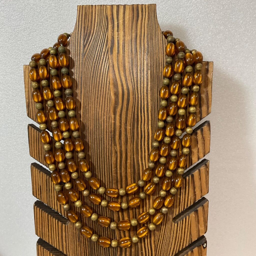 Vintage Multi Strand Amber Lucite Bead Necklace Gold Tone Adjustable Hook Clasp - Image 1
