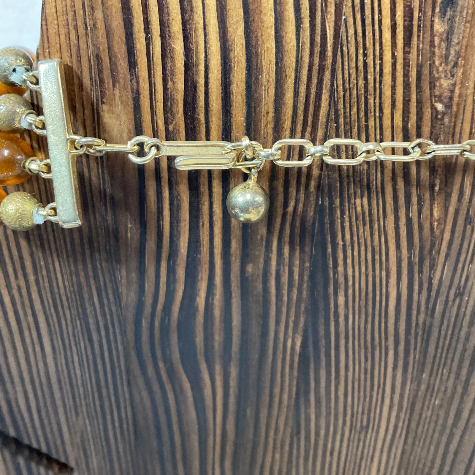 Vintage Multi Strand Amber Lucite Bead Necklace Gold Tone Adjustable Hook Clasp - Image 3