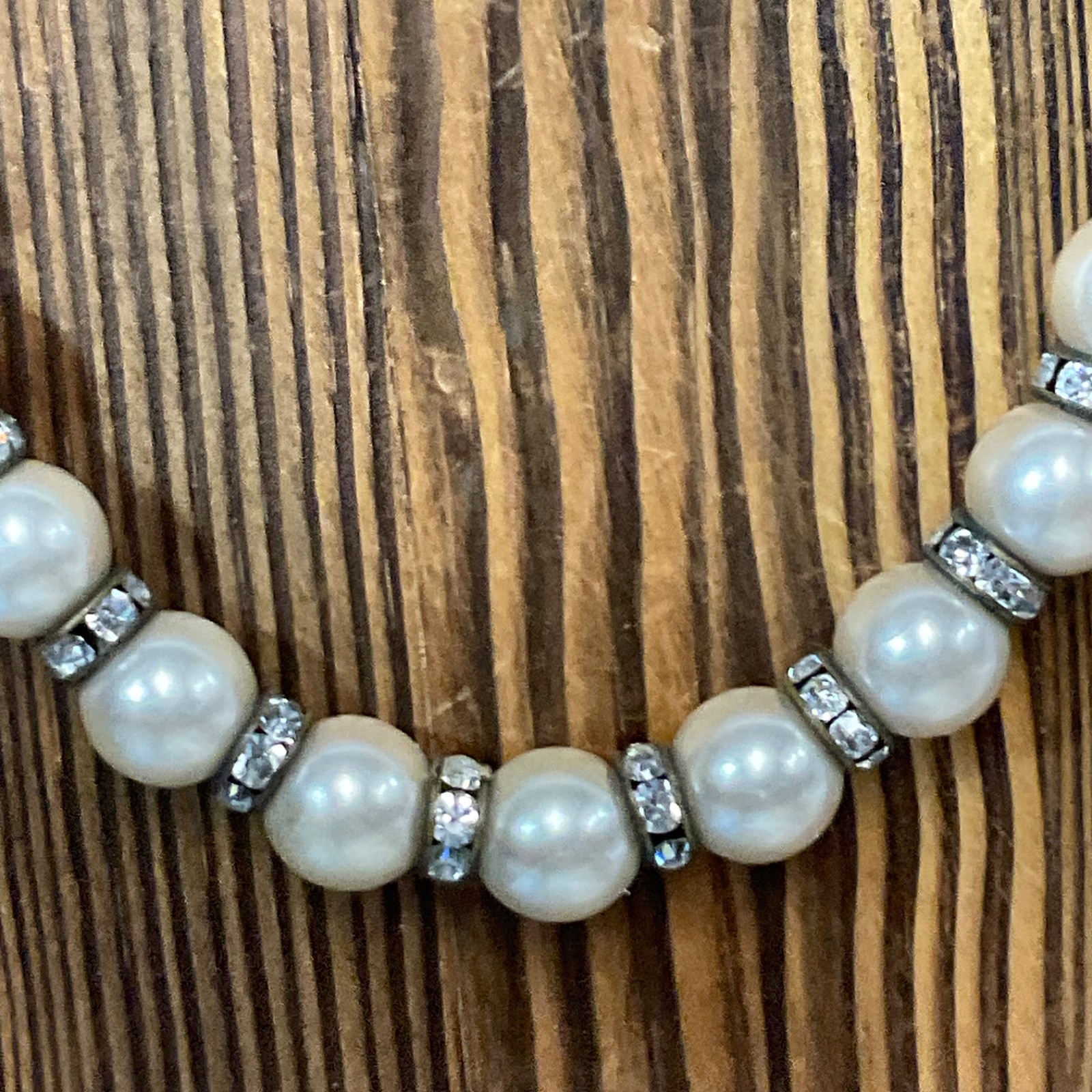 Vintage Faux Pearl Necklace 15" Rhinestone Spacer Beads Silver Tone Choker - Image 8