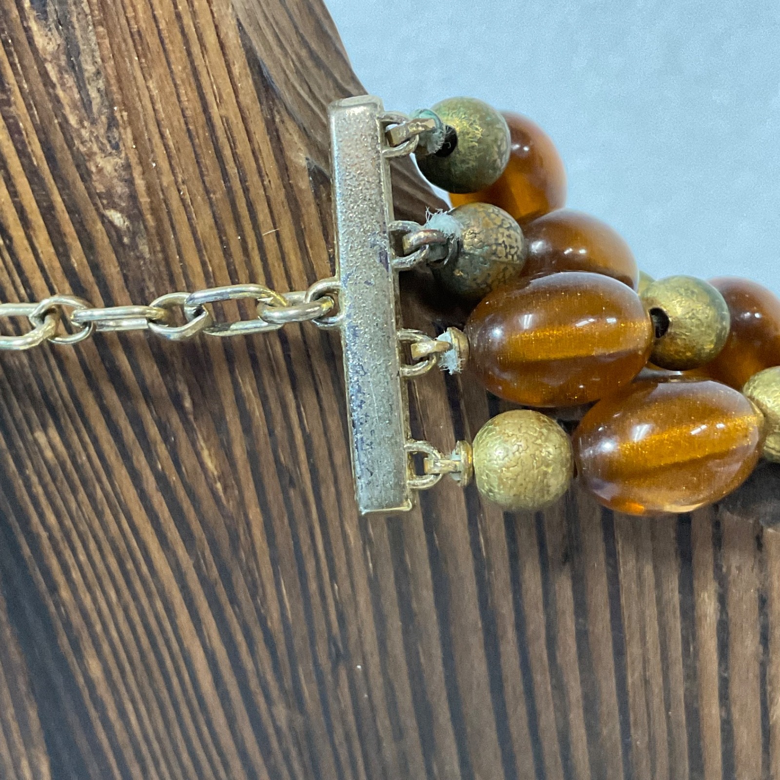 Vintage Multi Strand Amber Lucite Bead Necklace Gold Tone Adjustable Hook Clasp - Image 4