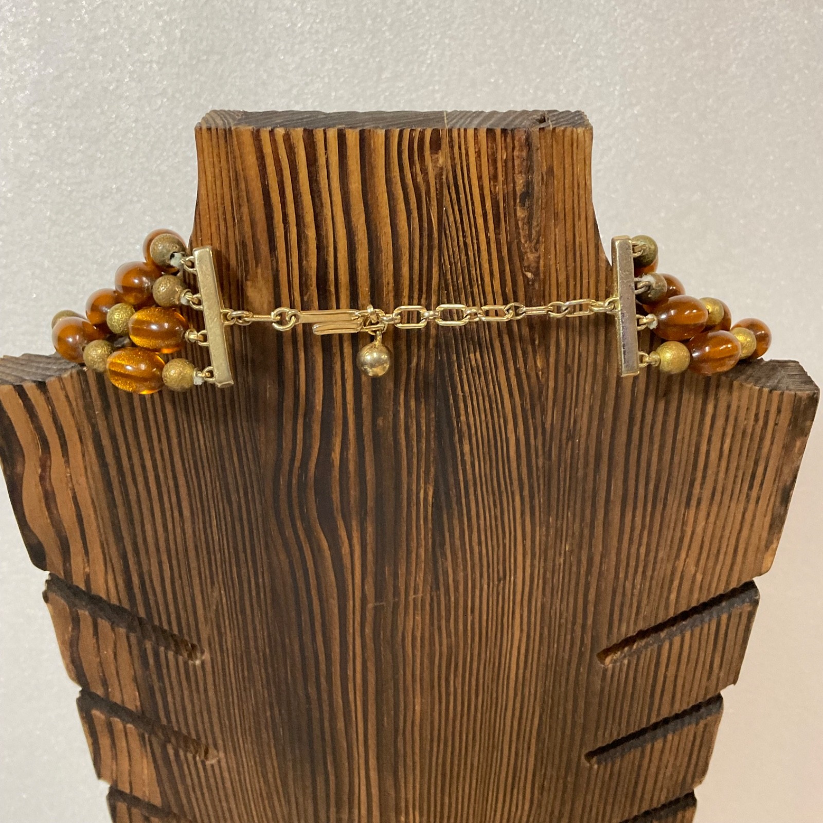 Vintage Multi Strand Amber Lucite Bead Necklace Gold Tone Adjustable Hook Clasp - Image 2