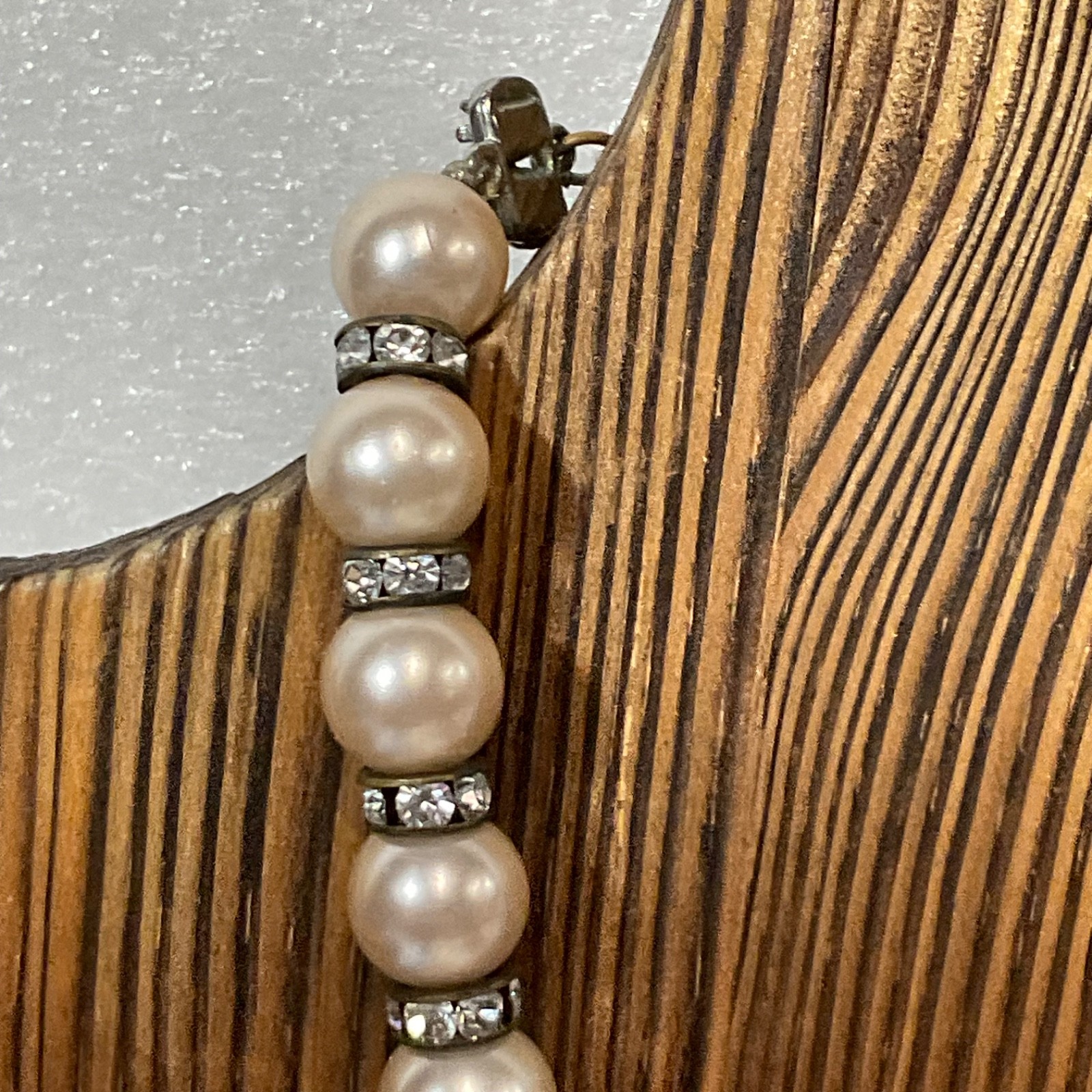 Vintage Faux Pearl Necklace 15" Rhinestone Spacer Beads Silver Tone Choker - Image 6