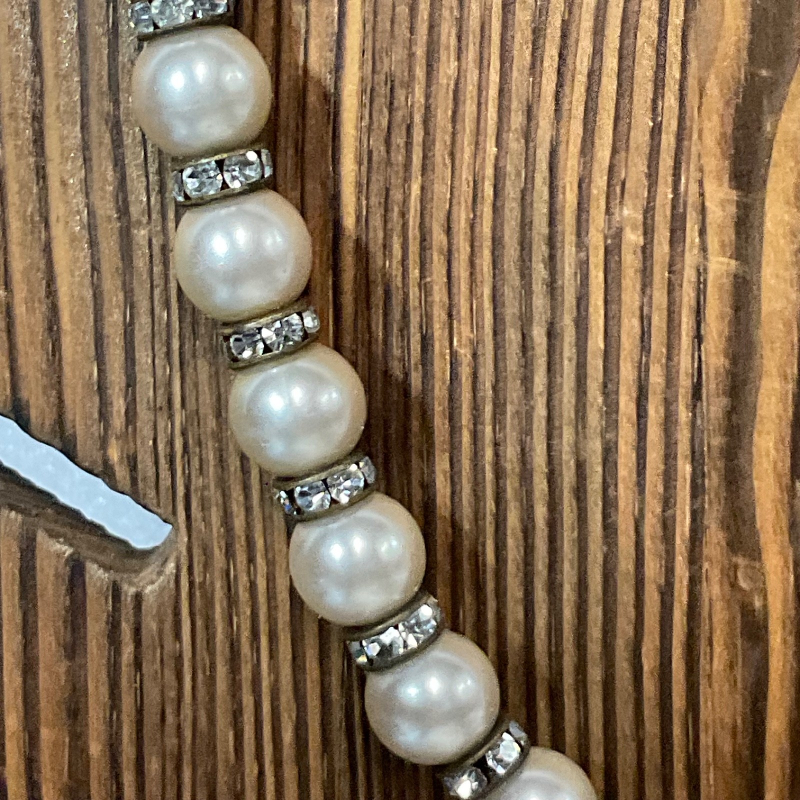 Vintage Faux Pearl Necklace 15" Rhinestone Spacer Beads Silver Tone Choker - Image 7