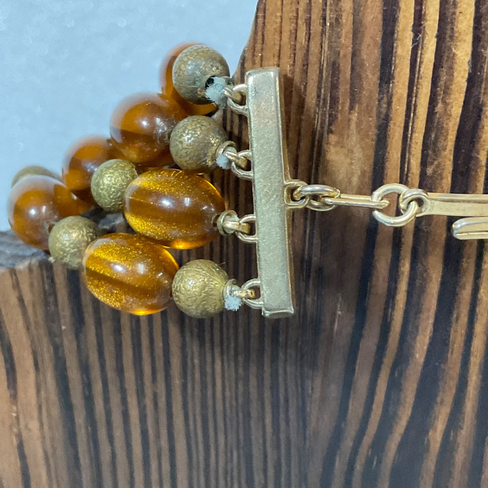 Vintage Multi Strand Amber Lucite Bead Necklace Gold Tone Adjustable Hook Clasp - Image 5