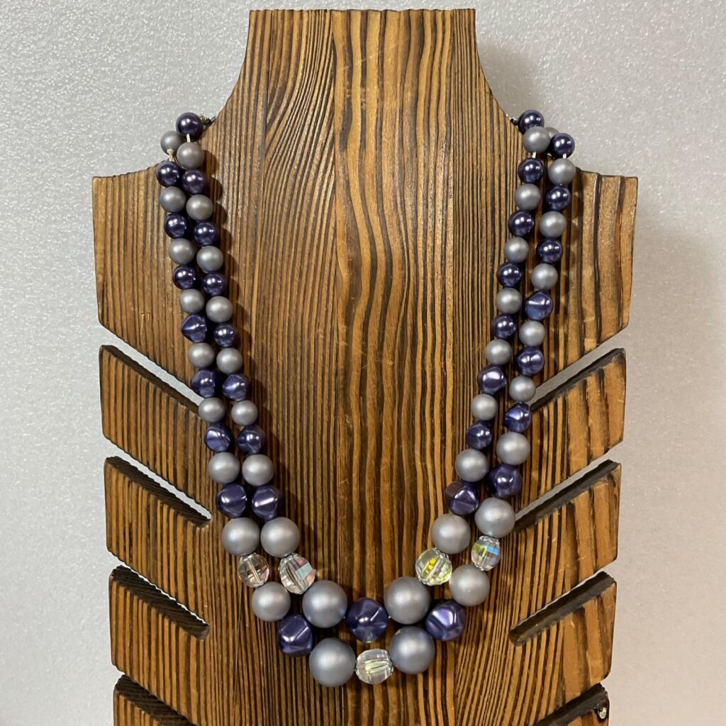 Vintage Japan 34" Double Strand Beaded Necklace Gray Purple Aurora Borealis Bead - Image 1