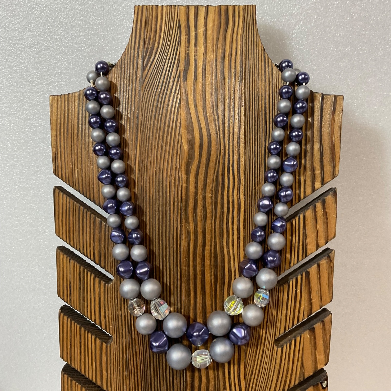 Vintage Japan 34" Double Strand Beaded Necklace Gray Purple Aurora Borealis Bead - Image 1