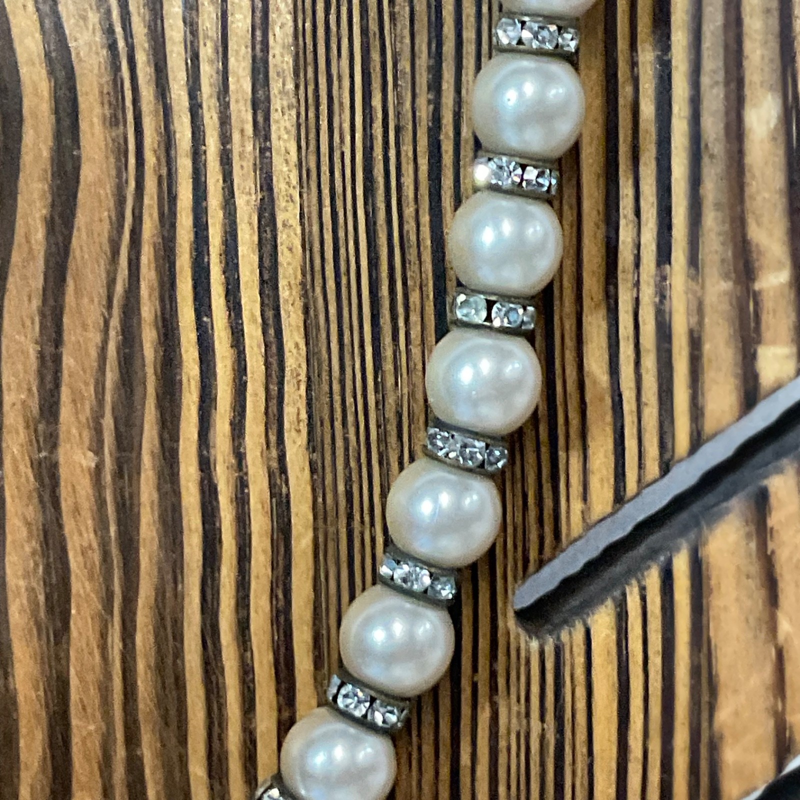 Vintage Faux Pearl Necklace 15" Rhinestone Spacer Beads Silver Tone Choker - Image 9