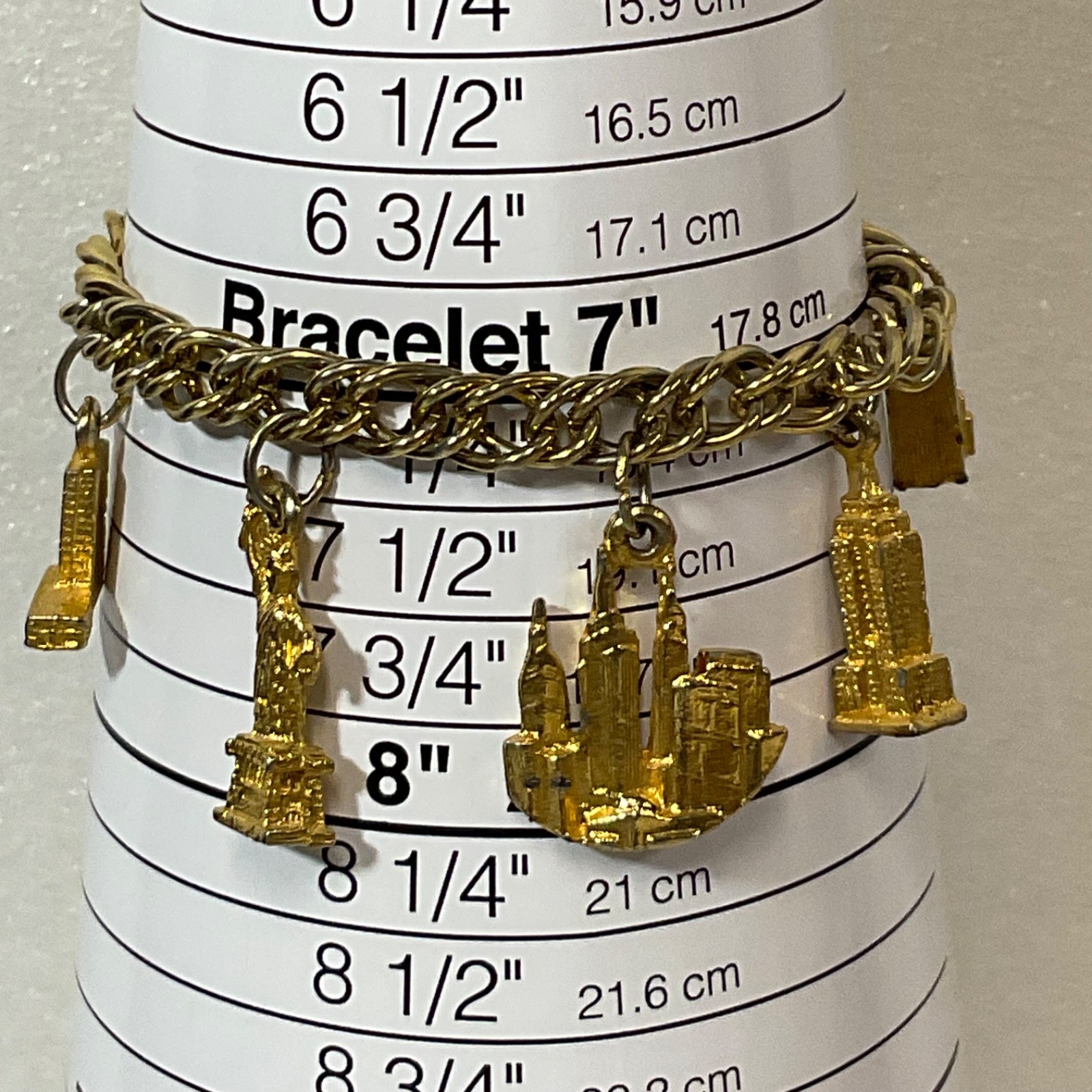 Vintage NYC Gold Tone Charm Bracelet Statue Liberty Empire State Building 7" - Image 12