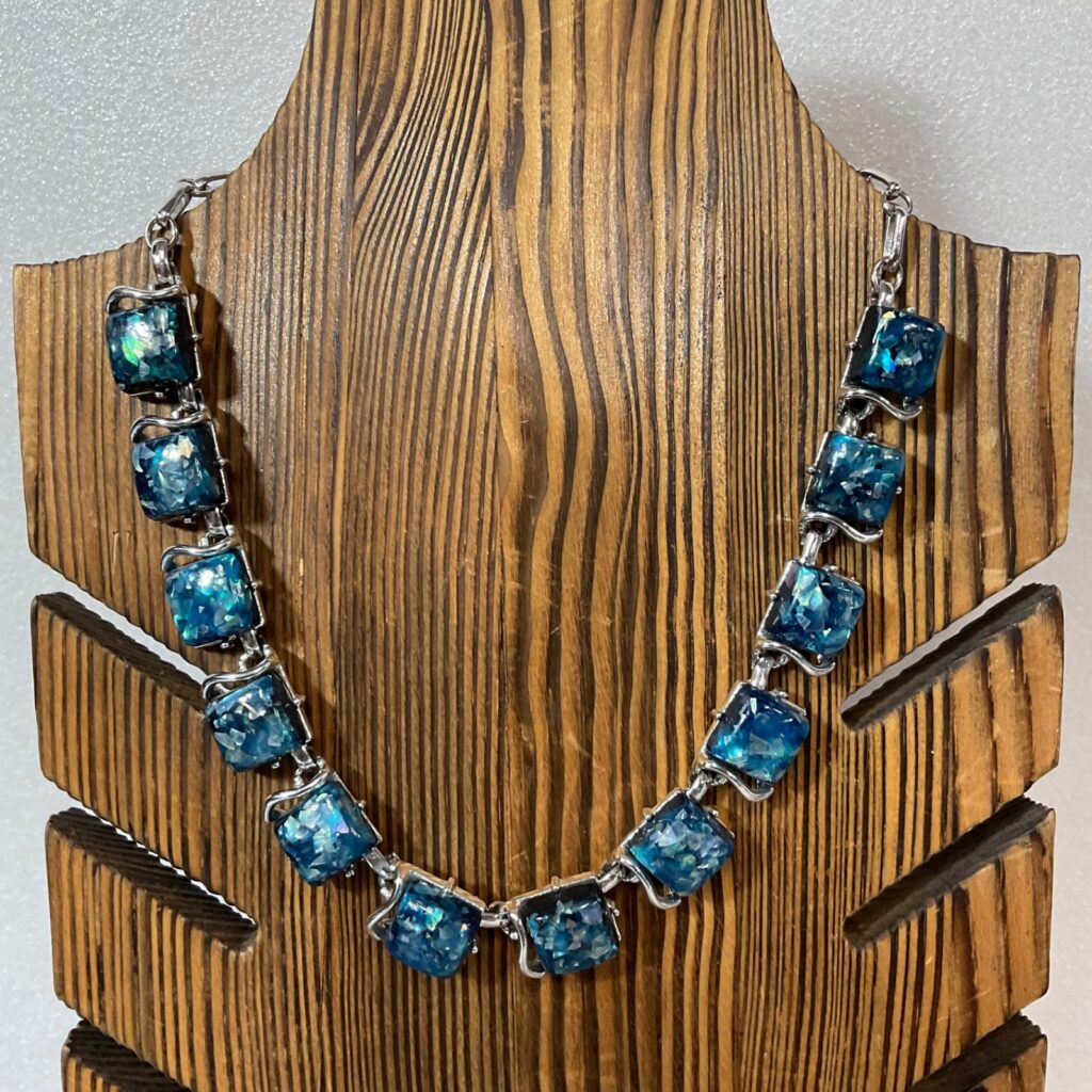 Vintage Coro Blue Confetti Lucite Rhinestone 15" Necklace Silver Tone Signed - Image 1