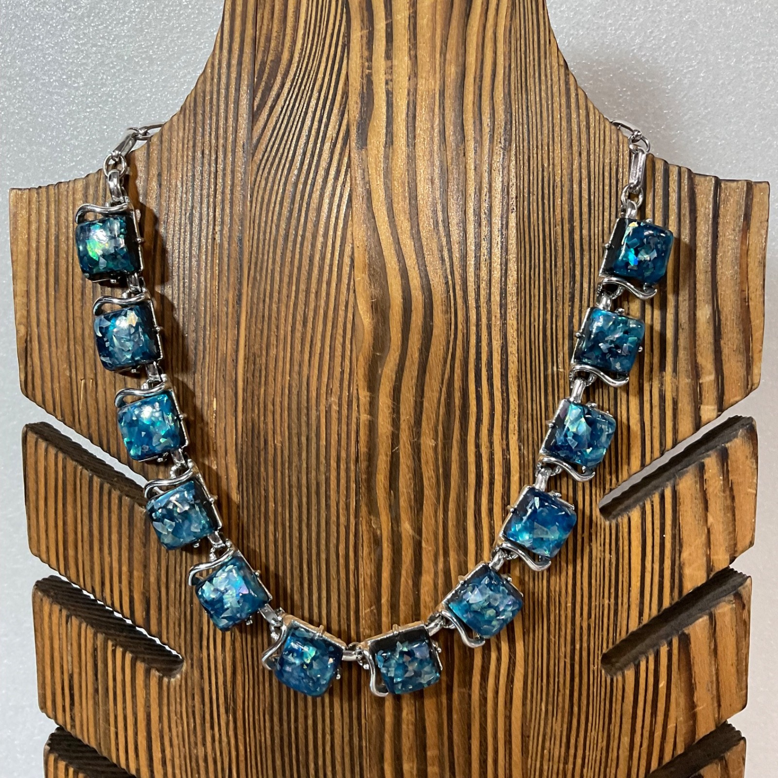 Vintage Coro Blue Confetti Lucite Rhinestone 15" Necklace Silver Tone Signed - Image 1