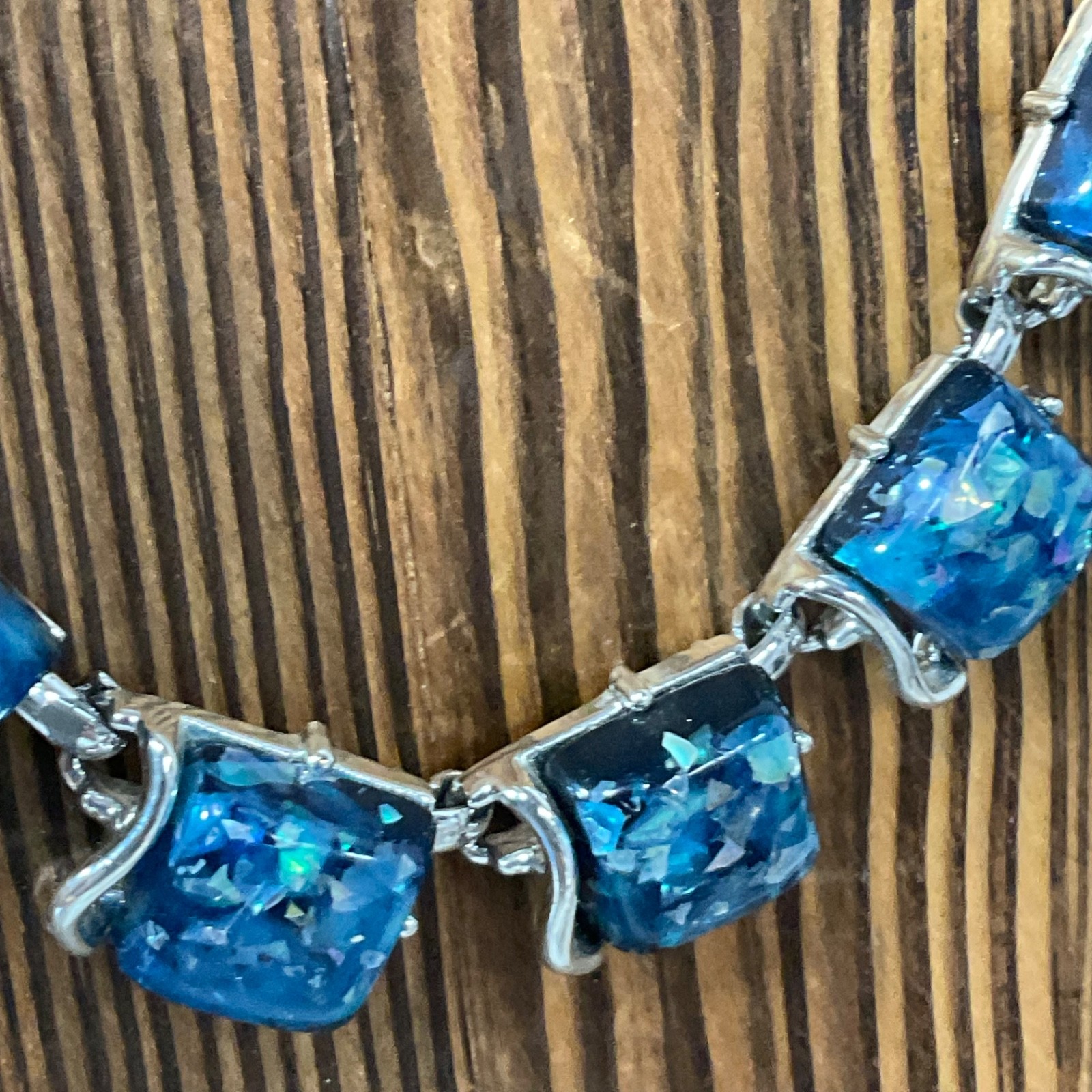 Vintage Coro Blue Confetti Lucite Rhinestone 15" Necklace Silver Tone Signed - Image 6