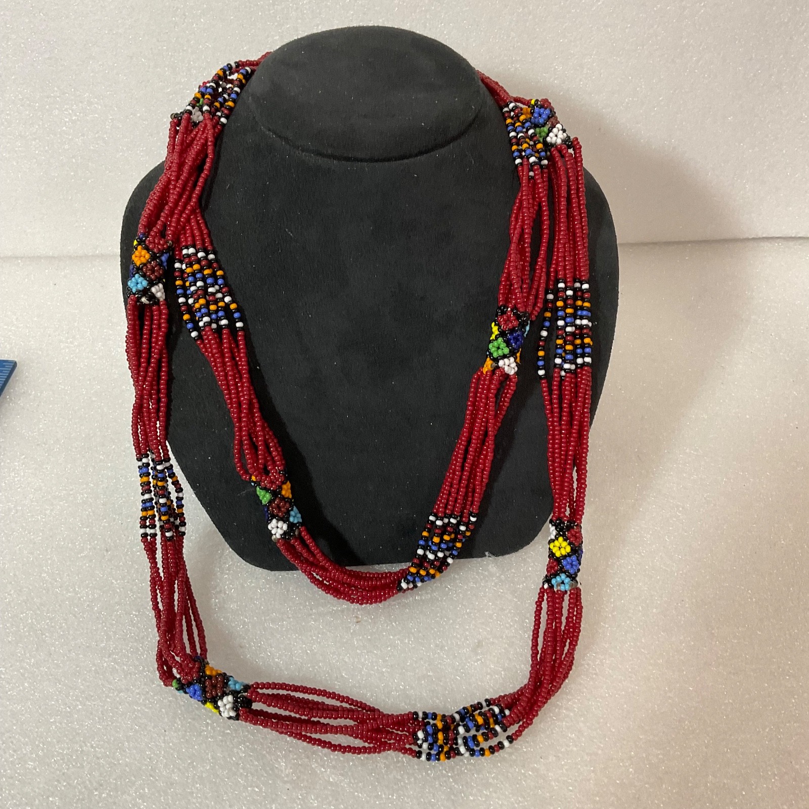 48in Multicolor Beaded Necklace Red Seed Beads Tribal Pattern Handmade Jewelry - Image 3