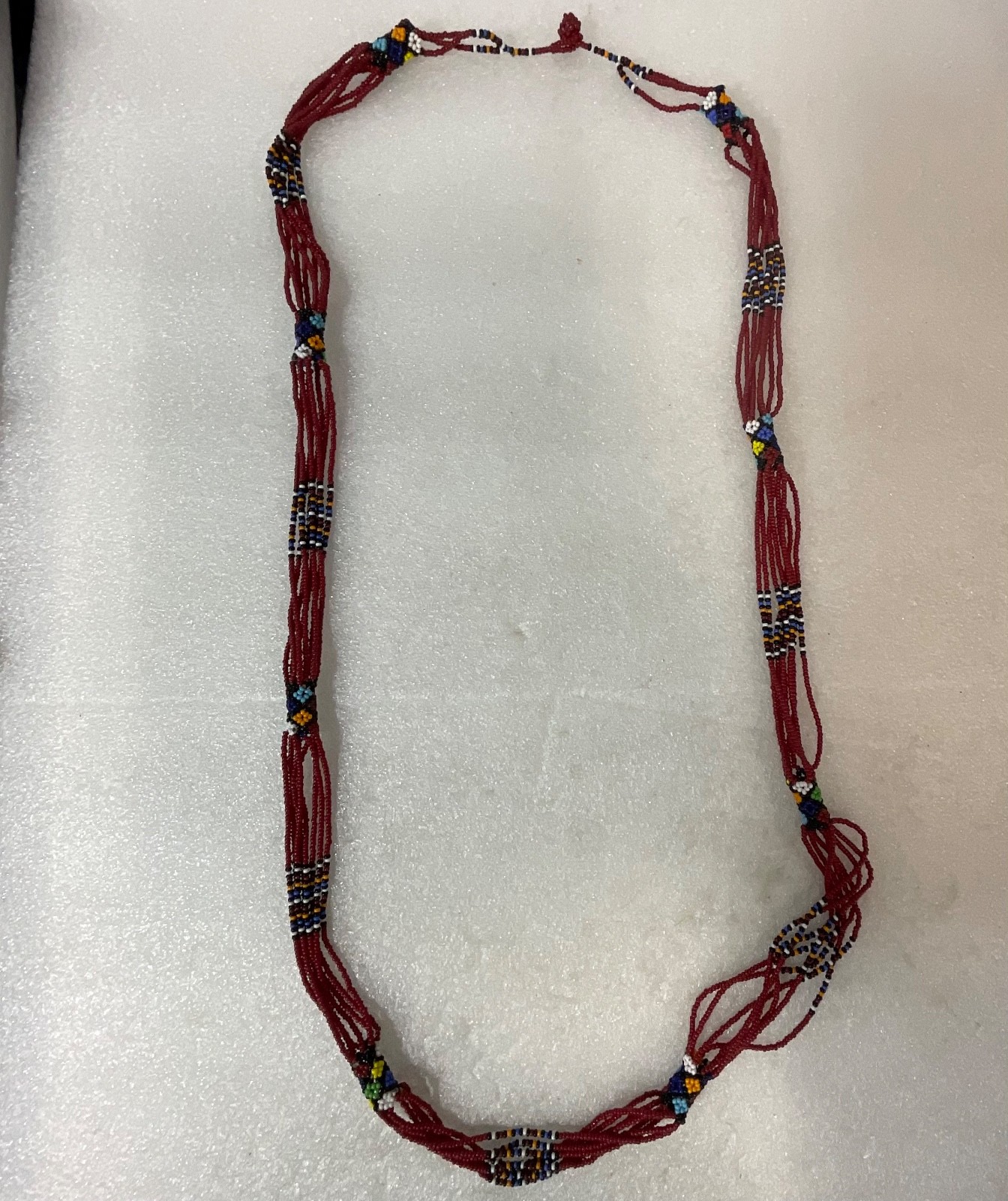 48in Multicolor Beaded Necklace Red Seed Beads Tribal Pattern Handmade Jewelry - Image 4