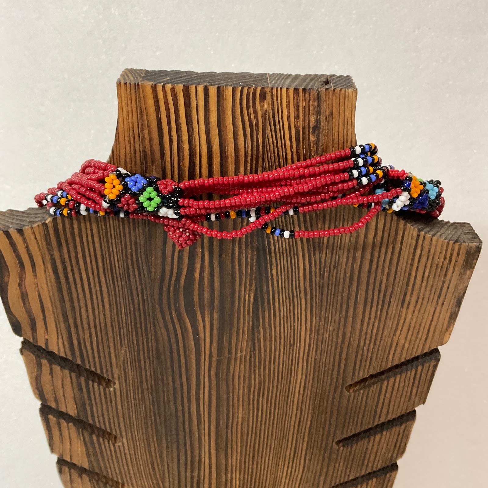48in Multicolor Beaded Necklace Red Seed Beads Tribal Pattern Handmade Jewelry - Image 2
