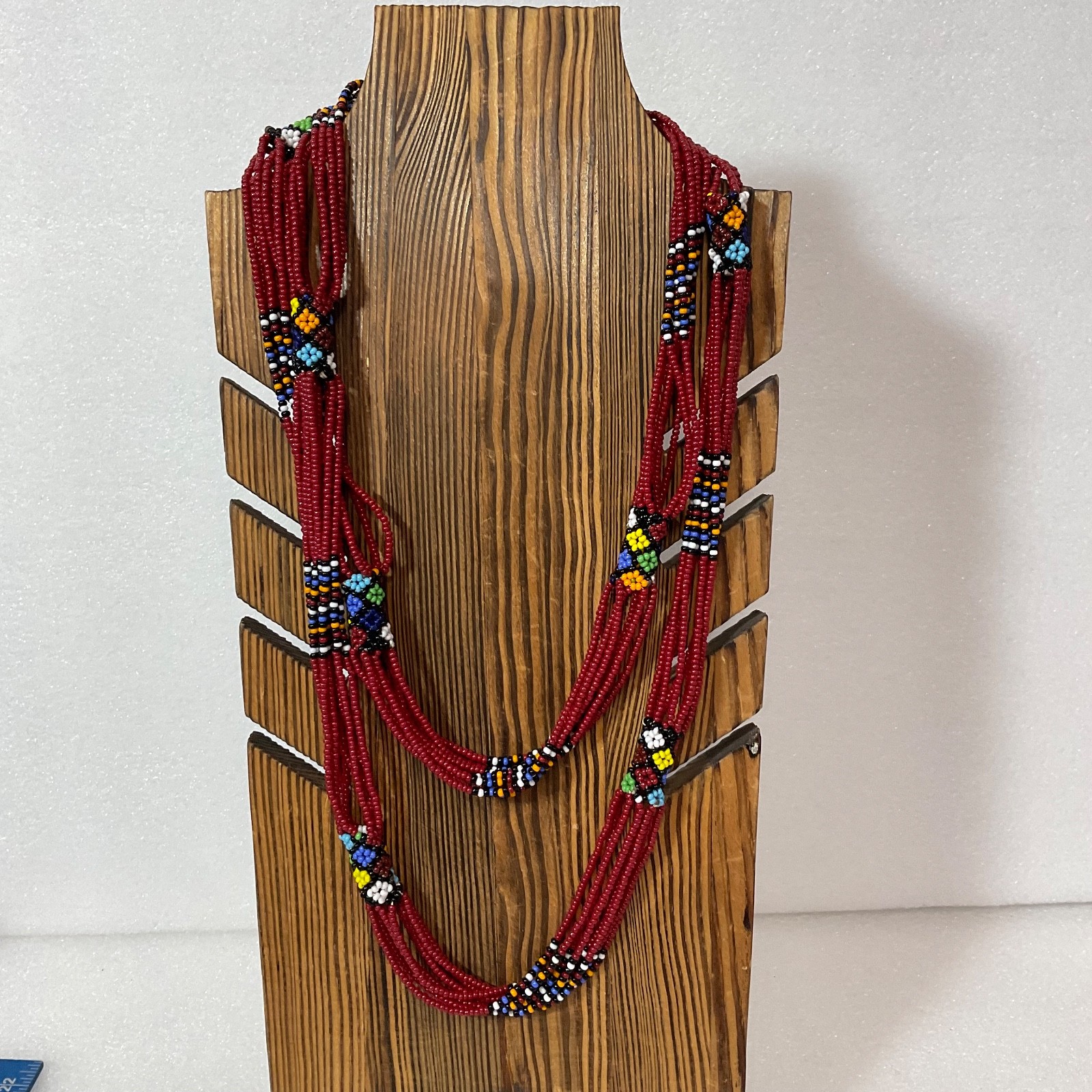 48in Multicolor Beaded Necklace Red Seed Beads Tribal Pattern Handmade Jewelry - Image 1