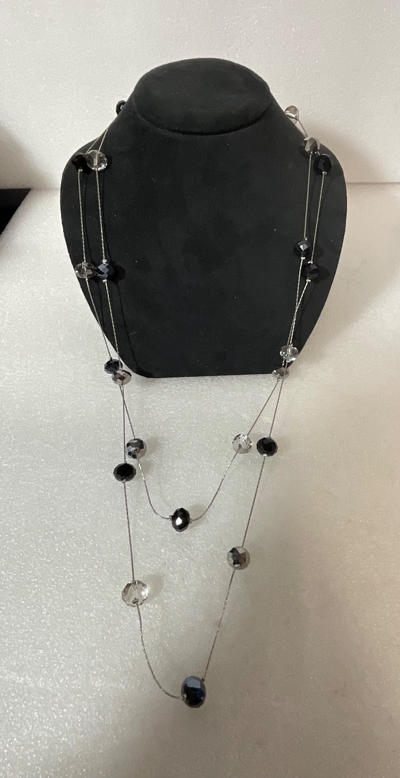 60in Ali Khan New York Silver Tone Necklace Black Gray Crystal Beads Layered - Image 7