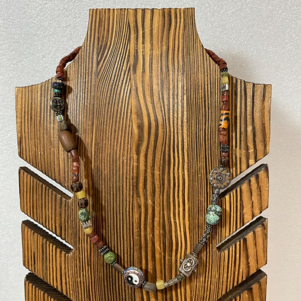 17in Mixed Bead Necklace Tribal Boho Ethnic Symbols Yin Yang Sun Face - Image 1
