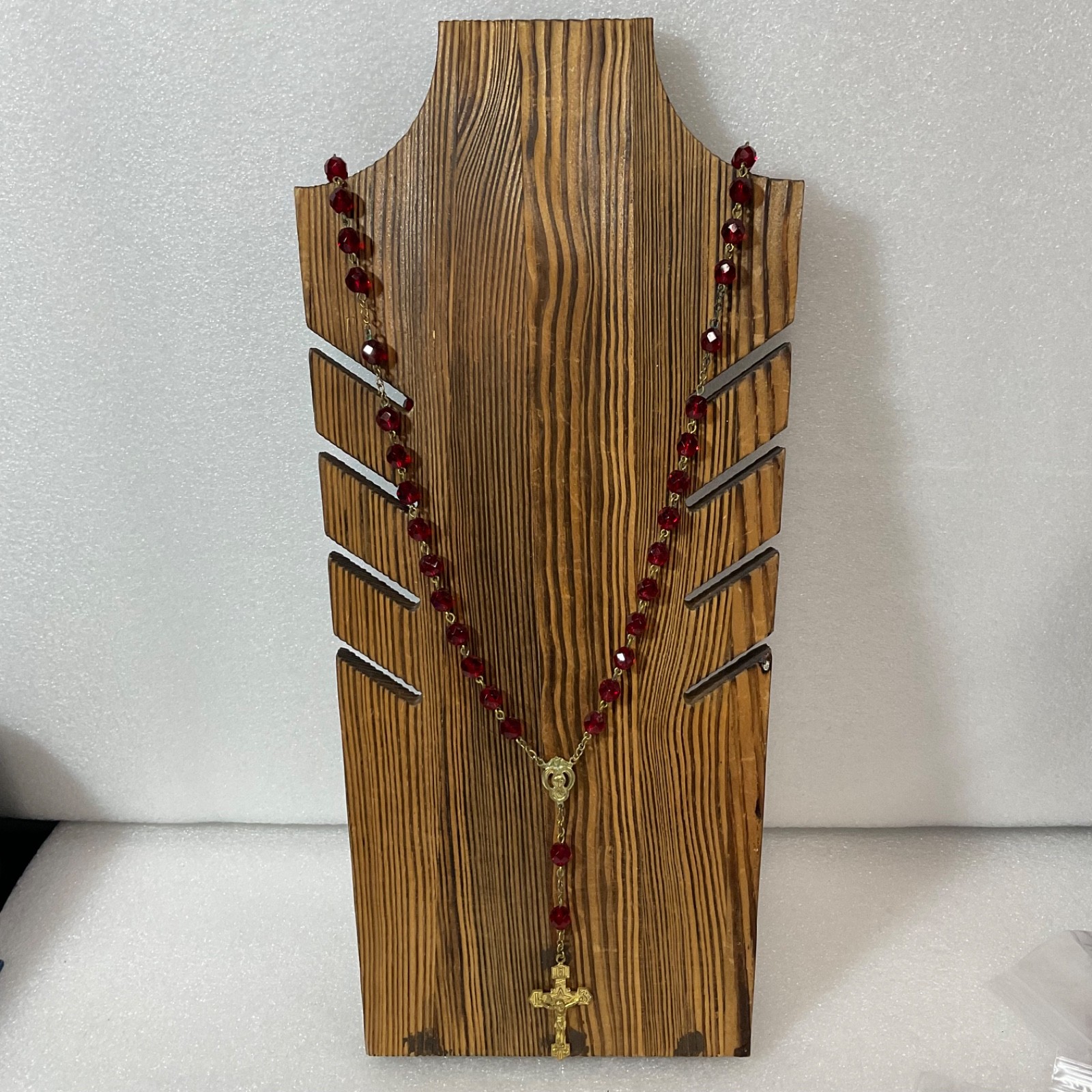 VTG Catholic Rosary Red Faceted Glass Beads Gold Tone Crucifix Cross Necklace - Image 1